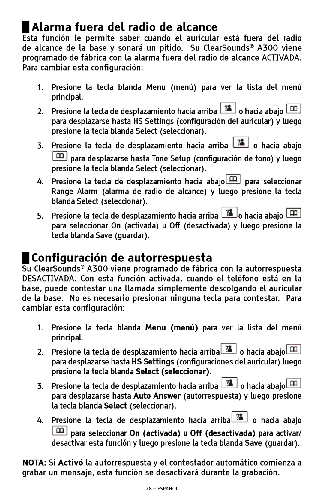 ClearSounds A300 manual Alarma fuera del radio de alcance, Configuración de autorrespuesta 