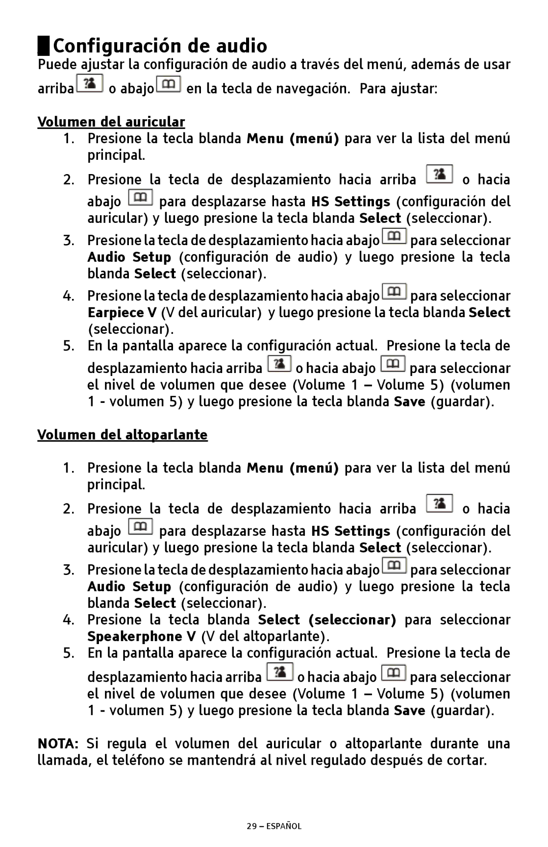 ClearSounds A300 manual Configuración de audio, Volumen del auricular, Volumen del altoparlante 