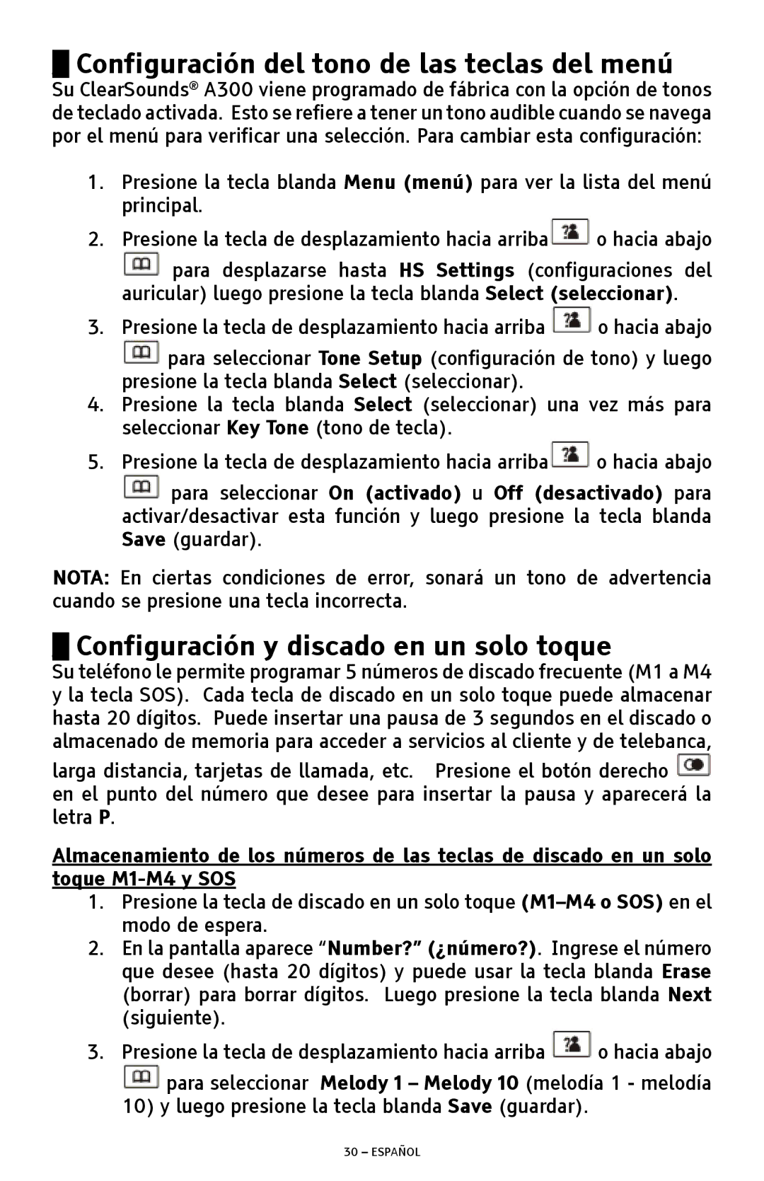 ClearSounds A300 manual Configuración del tono de las teclas del menú, Configuración y discado en un solo toque 