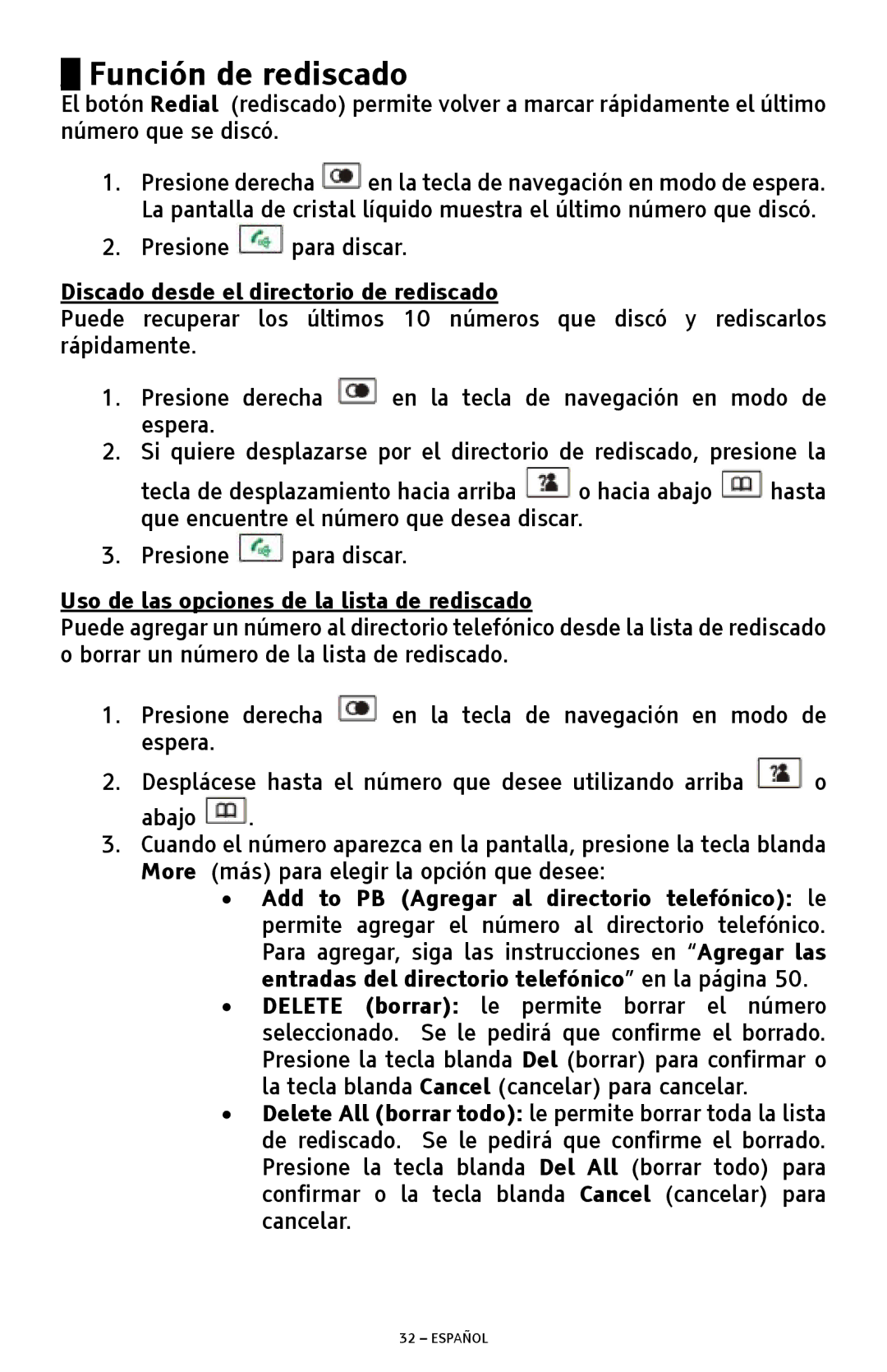 ClearSounds A300 manual Función de rediscado, Discado desde el directorio de rediscado 