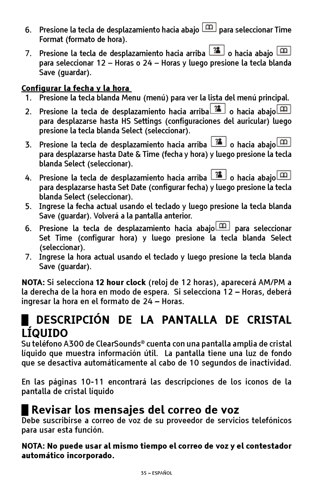 ClearSounds A300 manual Descripción DE LA Pantalla DE Cristal Líquido, Revisar los mensajes del correo de voz 