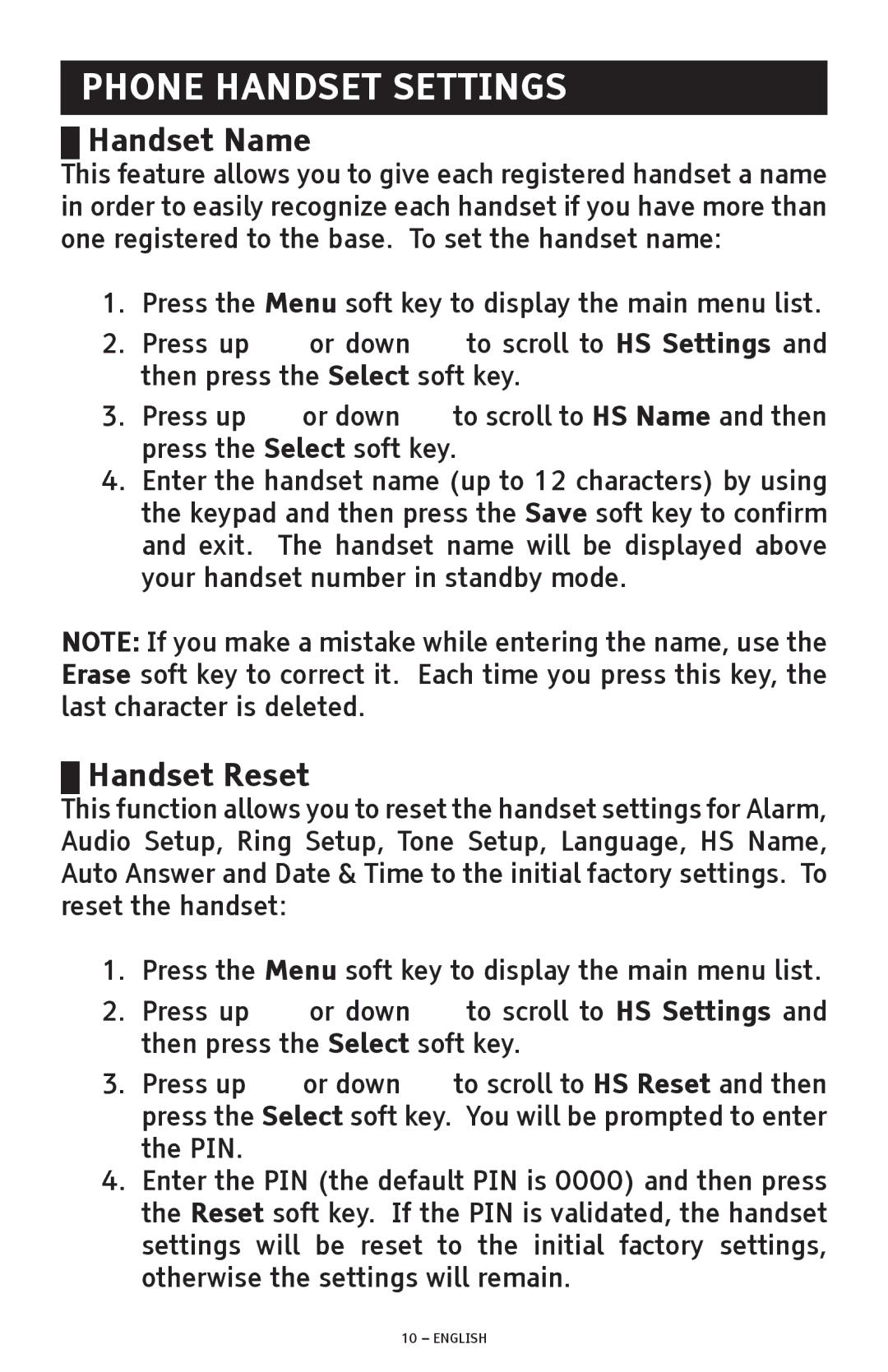 ClearSounds A300E manual Phone Handset Settings, Handset Name, Handset Reset 