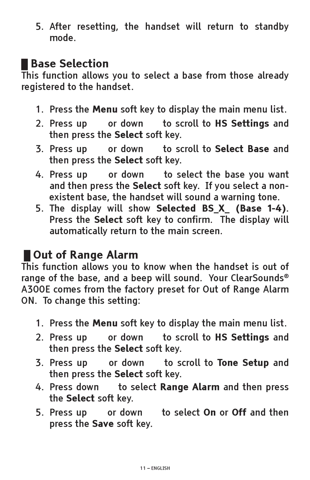 ClearSounds A300E manual Base Selection, Out of Range Alarm 