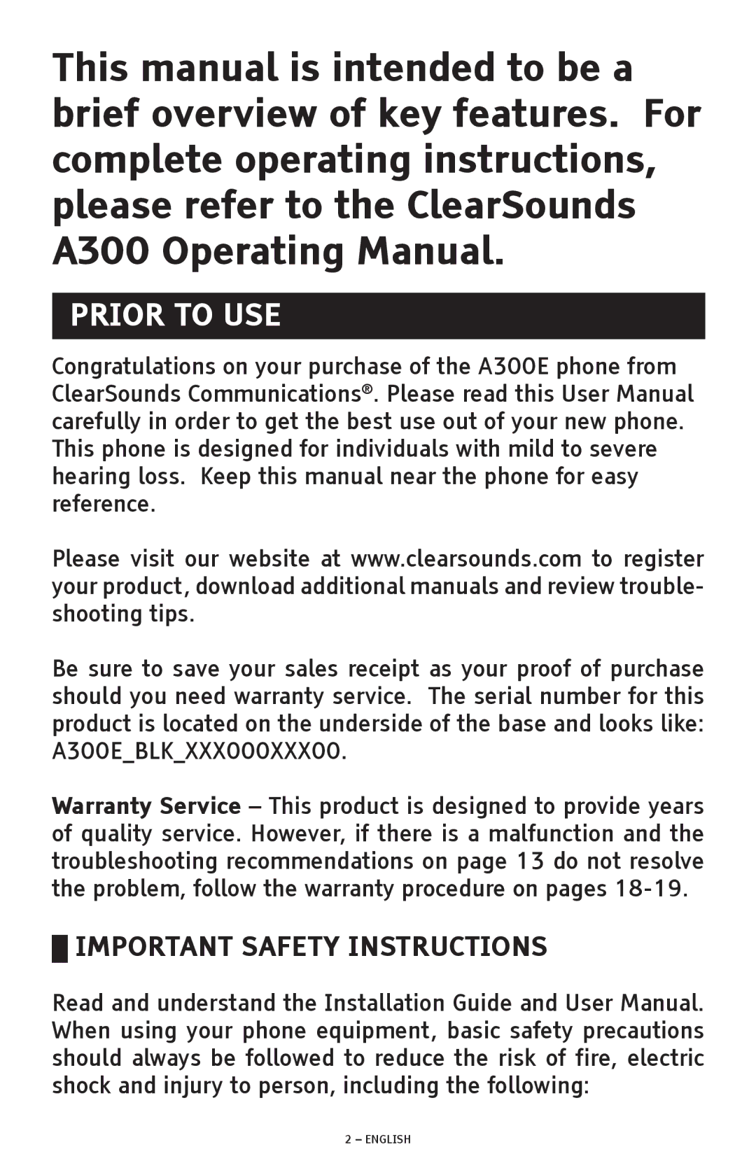 ClearSounds A300E manual Prior to USE, Important Safety Instructions 