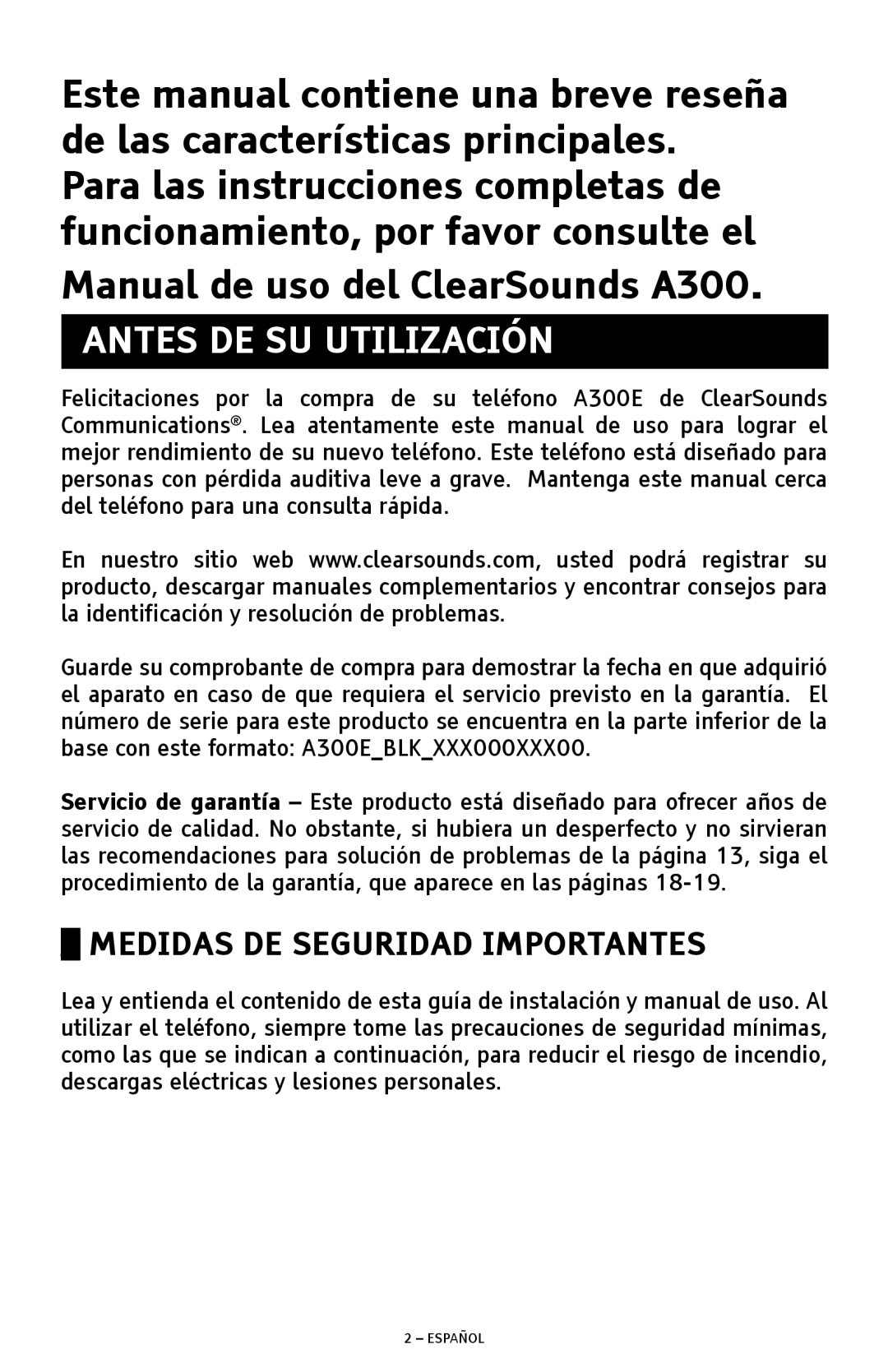 ClearSounds A300E manual Antes DE SU Utilización, Medidas DE Seguridad Importantes 