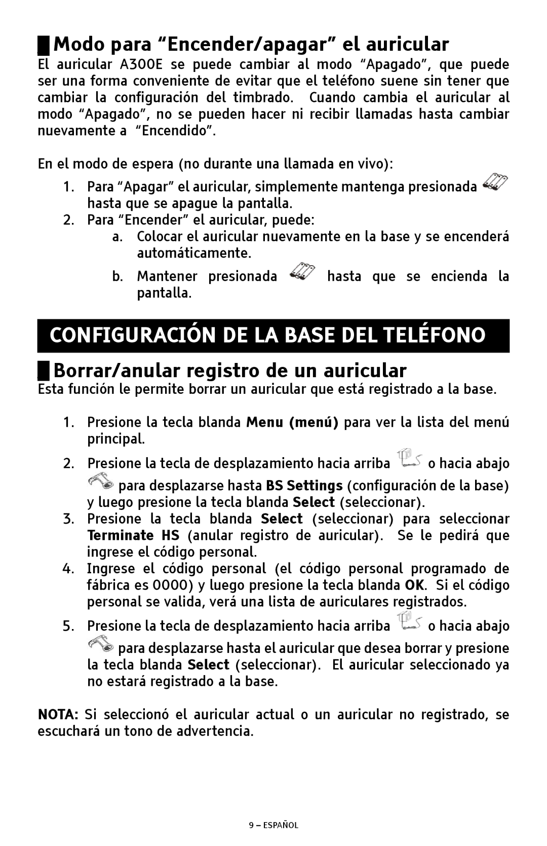 ClearSounds A300E manual Modo para Encender/apagar el auricular, Borrar/anular registro de un auricular 