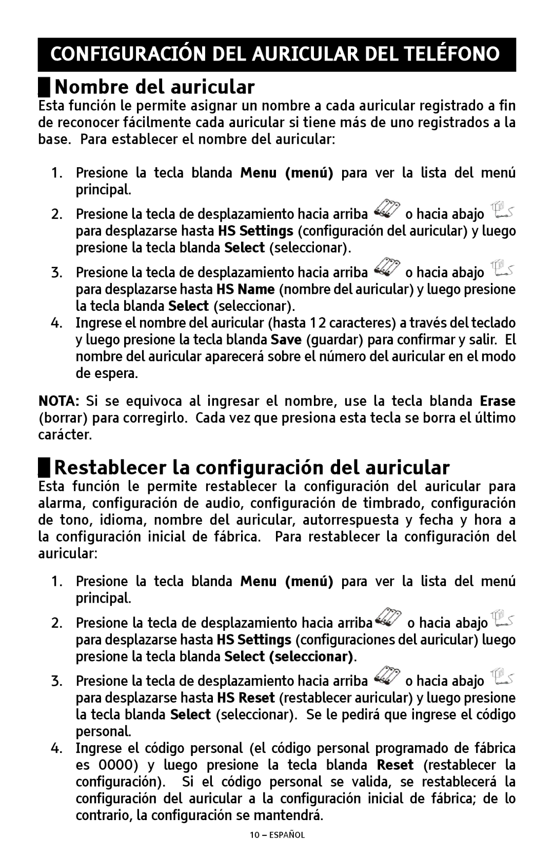 ClearSounds A300E manual Nombre del auricular, Restablecer la configuración del auricular 