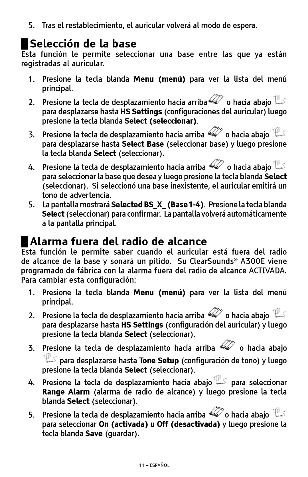 ClearSounds A300E manual Selección de la base, Alarma fuera del radio de alcance 