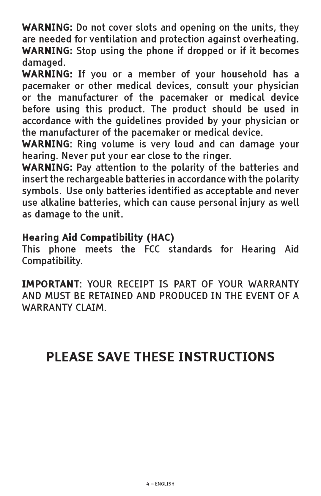 ClearSounds A300E manual Please Save These Instructions 