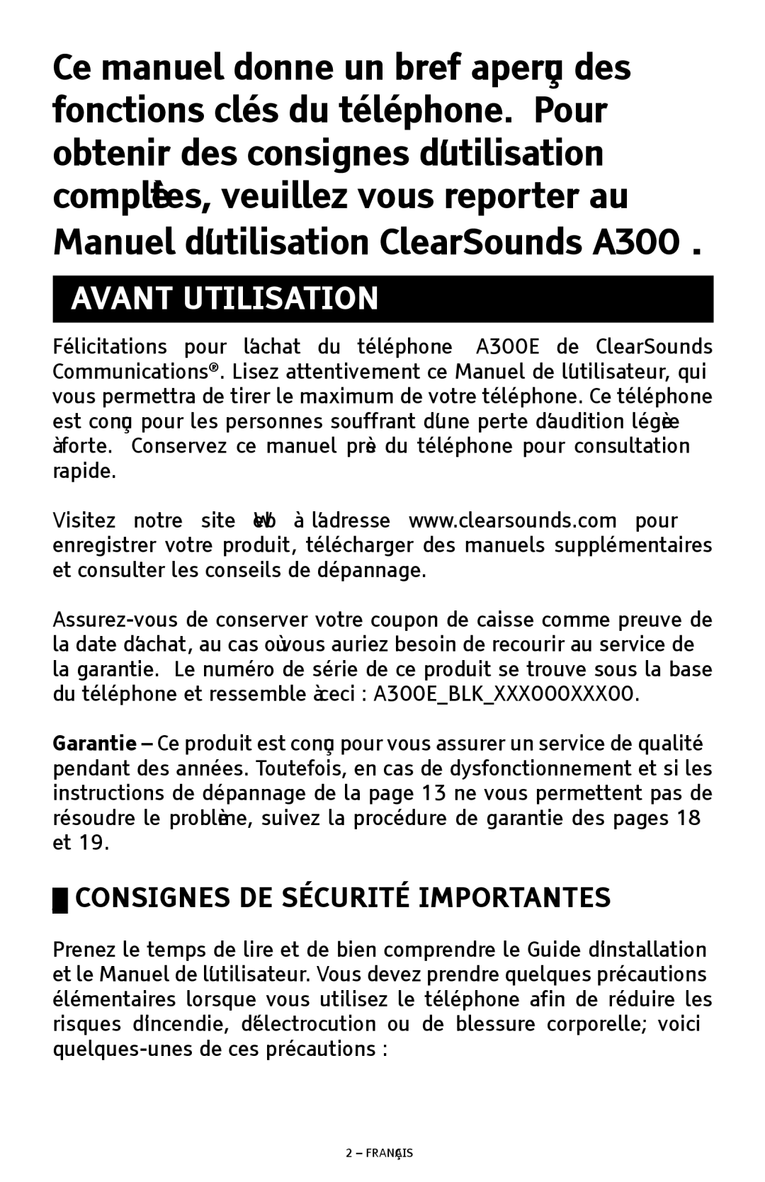 ClearSounds A300E manual Avant Utilisation, Consignes DE Sécurité Importantes 