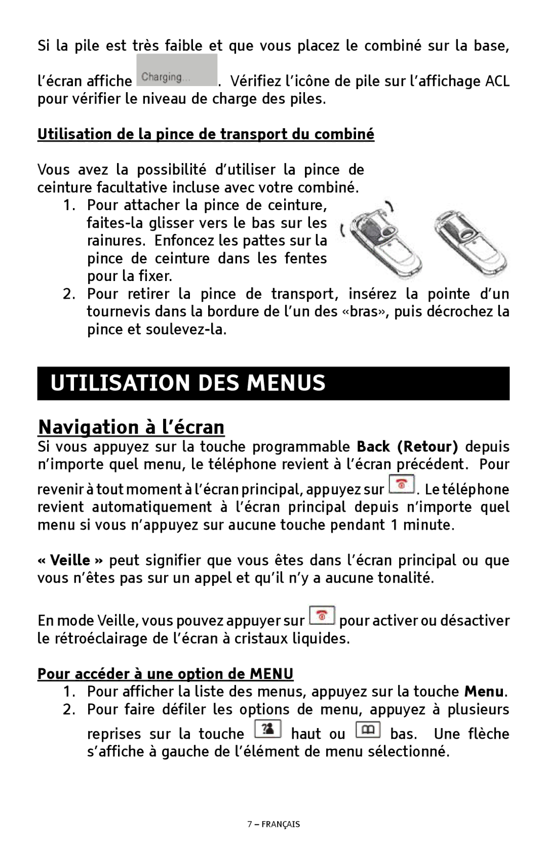 ClearSounds A300E manual Utilisation DES Menus, Navigation à l’écran 