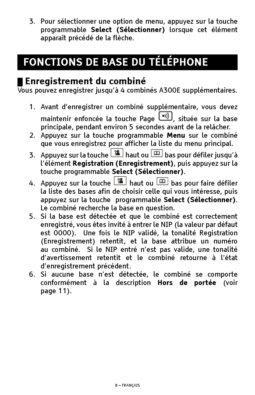 ClearSounds A300E manual Fonctions DE Base DU Téléphone, Enregistrement du combiné 