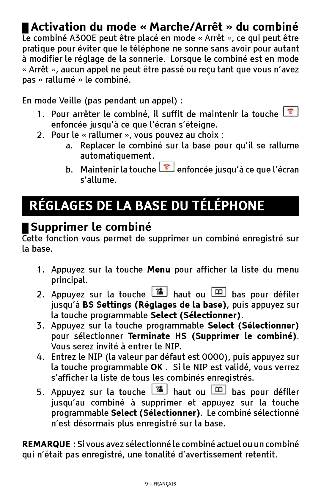 ClearSounds A300E Réglages DE LA Base DU Téléphone, Activation du mode « Marche/Arrêt » du combiné, Supprimer le combiné 