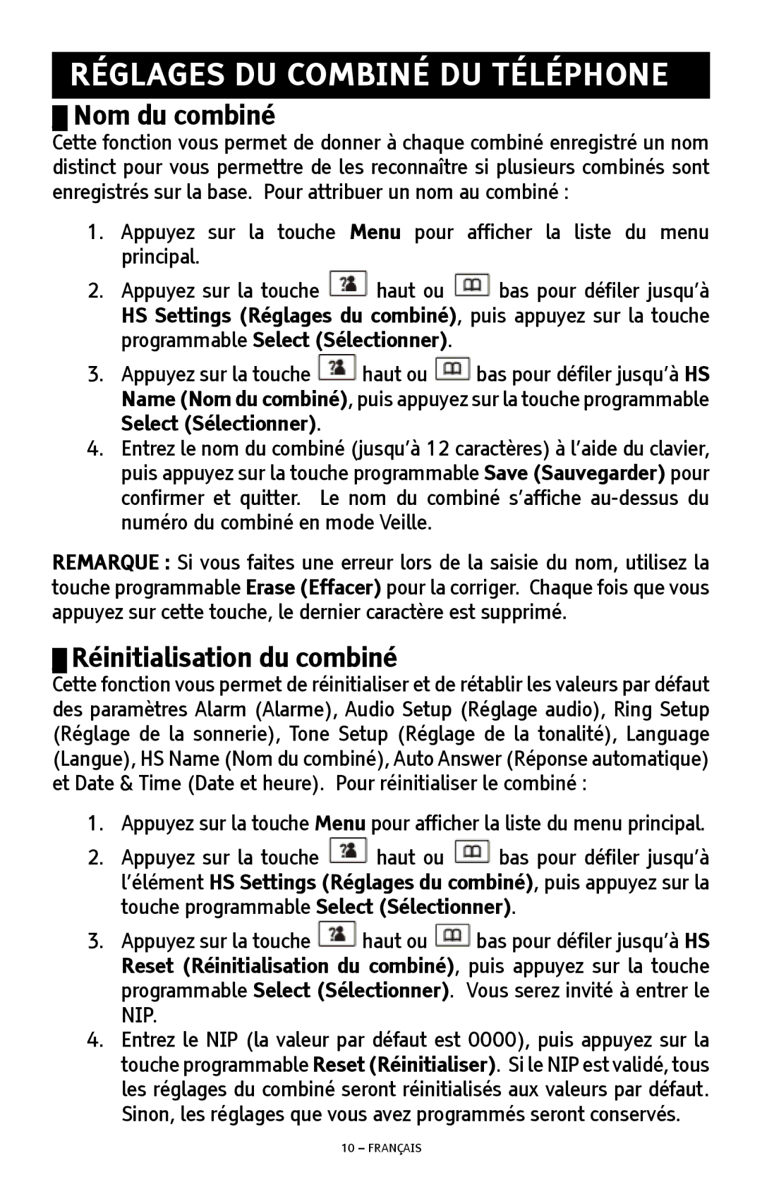 ClearSounds A300E manual Réglages DU Combiné DU Téléphone, Nom du combiné, Réinitialisation du combiné 