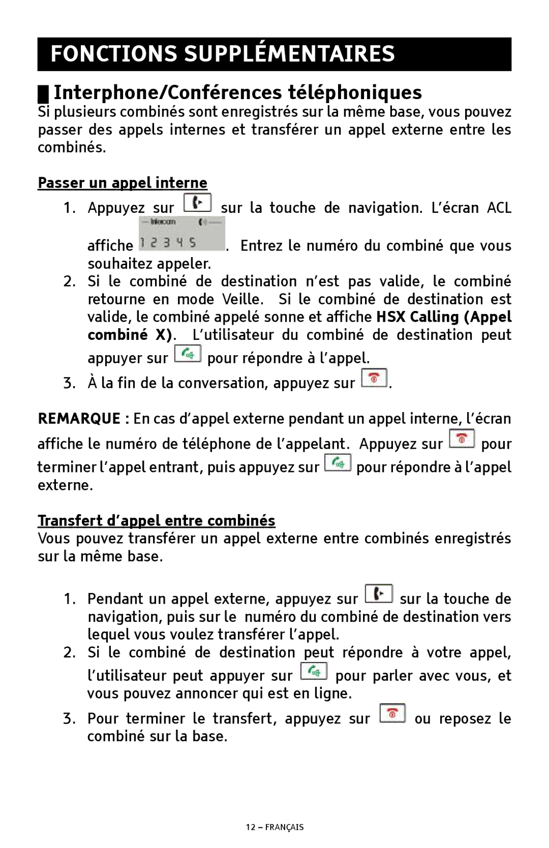 ClearSounds A300E manual Fonctions Supplémentaires, Interphone/Conférences téléphoniques 