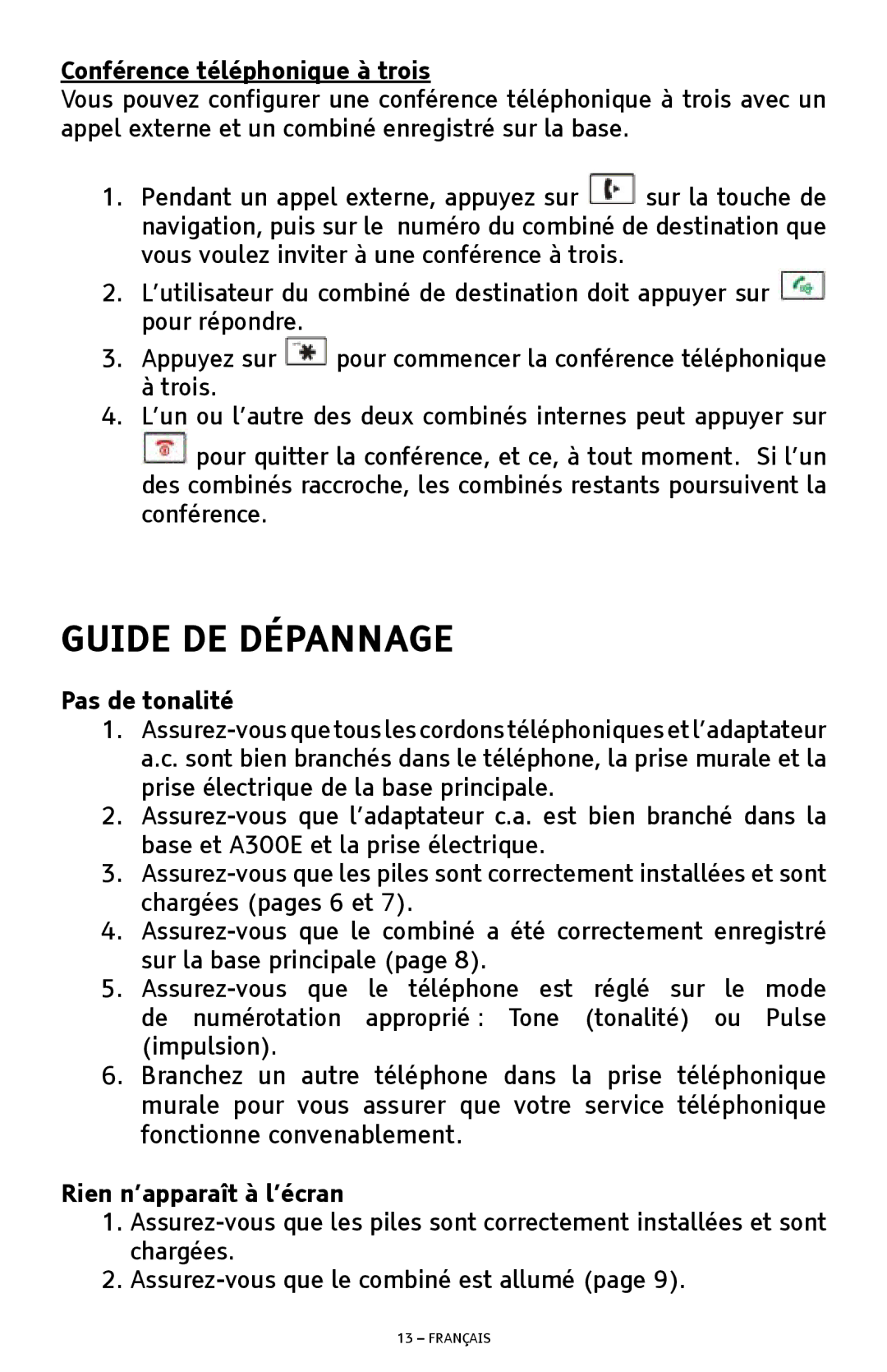 ClearSounds A300E manual Guide DE Dépannage, Conférence téléphonique à trois 