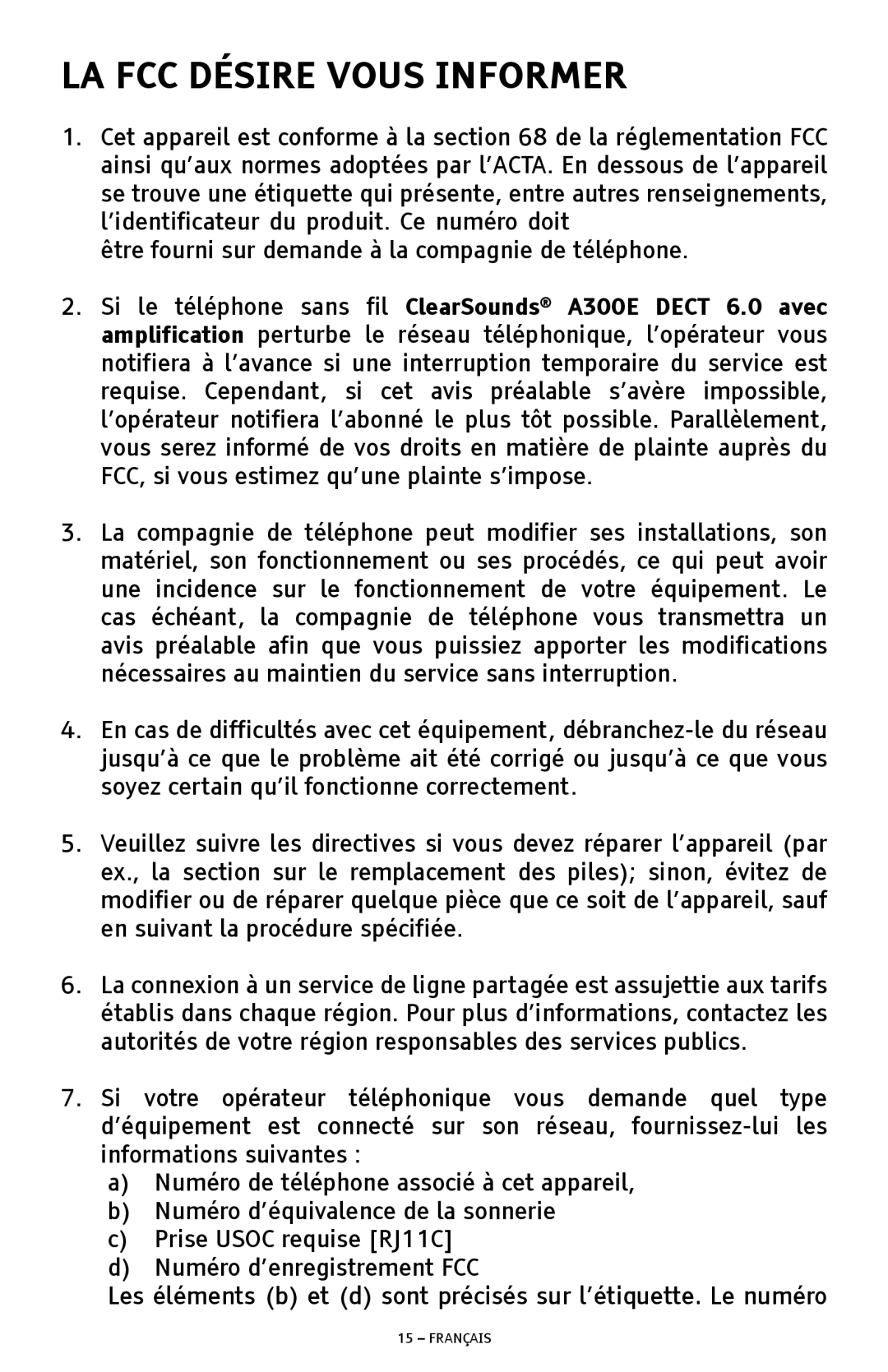 ClearSounds A300E manual LA FCC Désire Vous Informer 