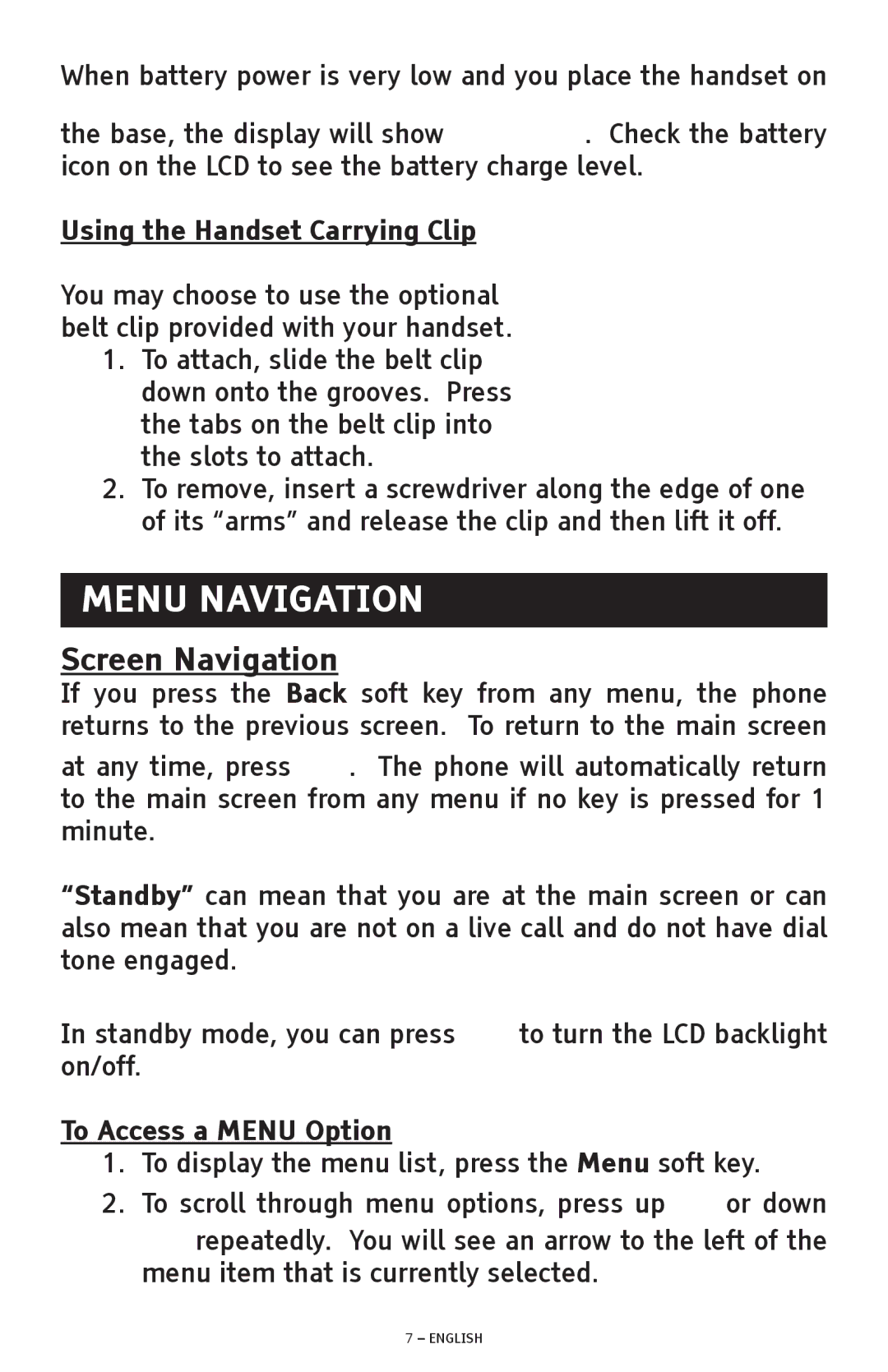 ClearSounds A300E manual Menu Navigation, Screen Navigation 