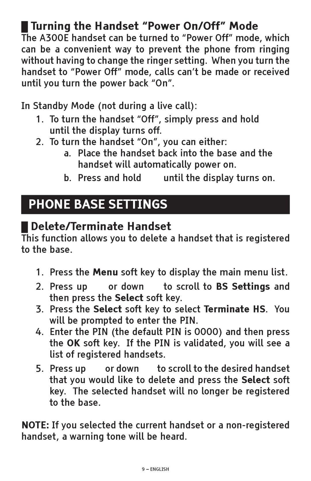 ClearSounds A300E manual Phone Base Settings, Turning the Handset Power On/Off Mode, Delete/Terminate Handset 