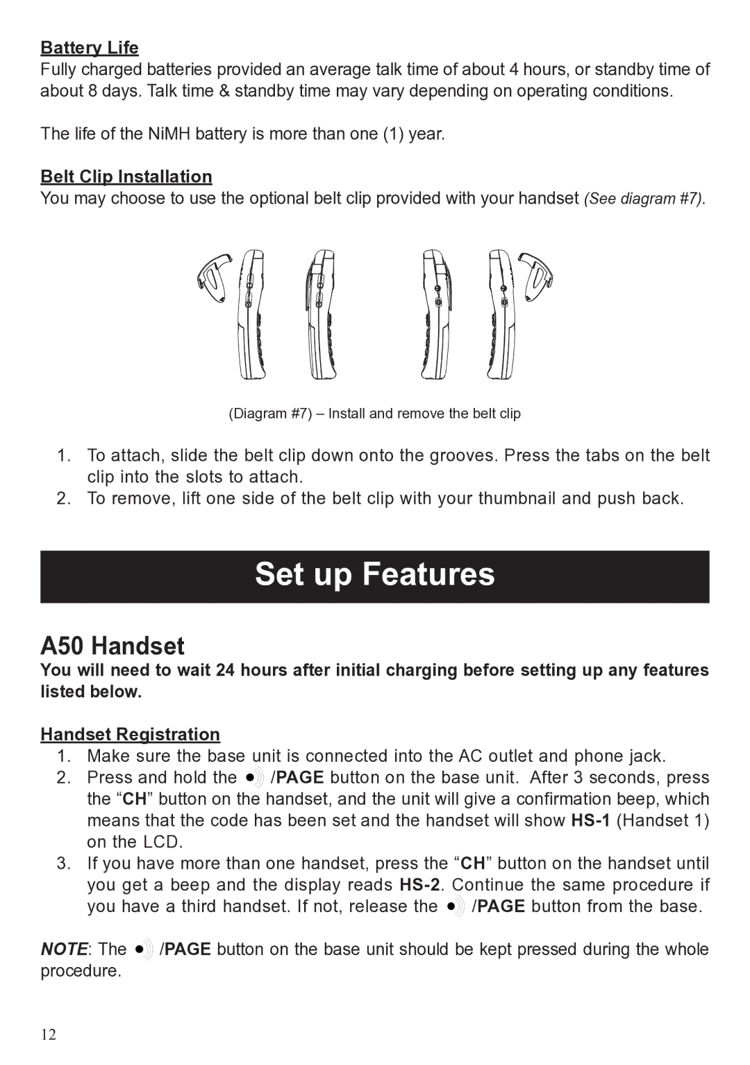 ClearSounds user manual Set up Features, A50 Handset, Battery Life, Belt Clip Installation 