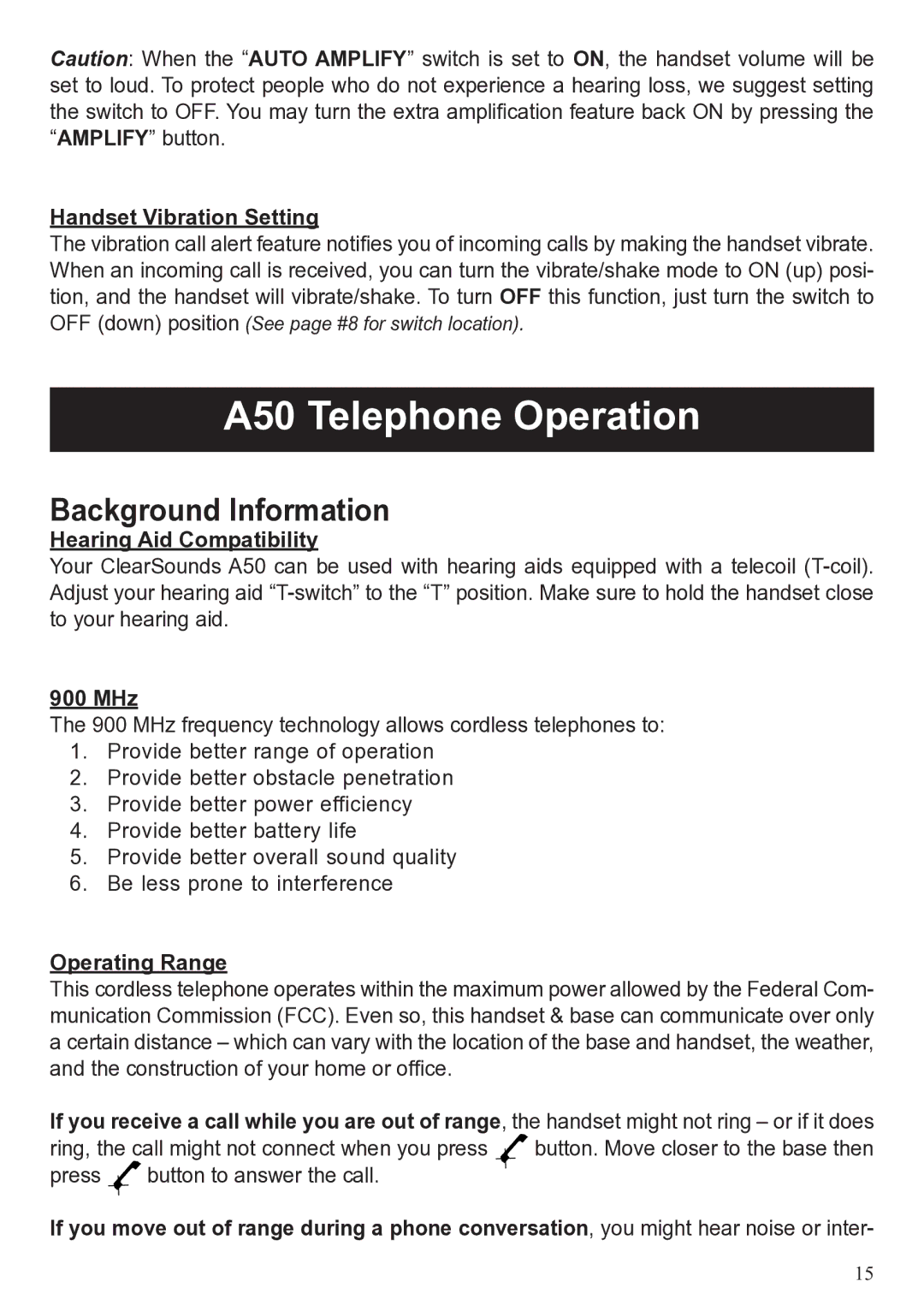 ClearSounds user manual A50 Telephone Operation, Background Information 