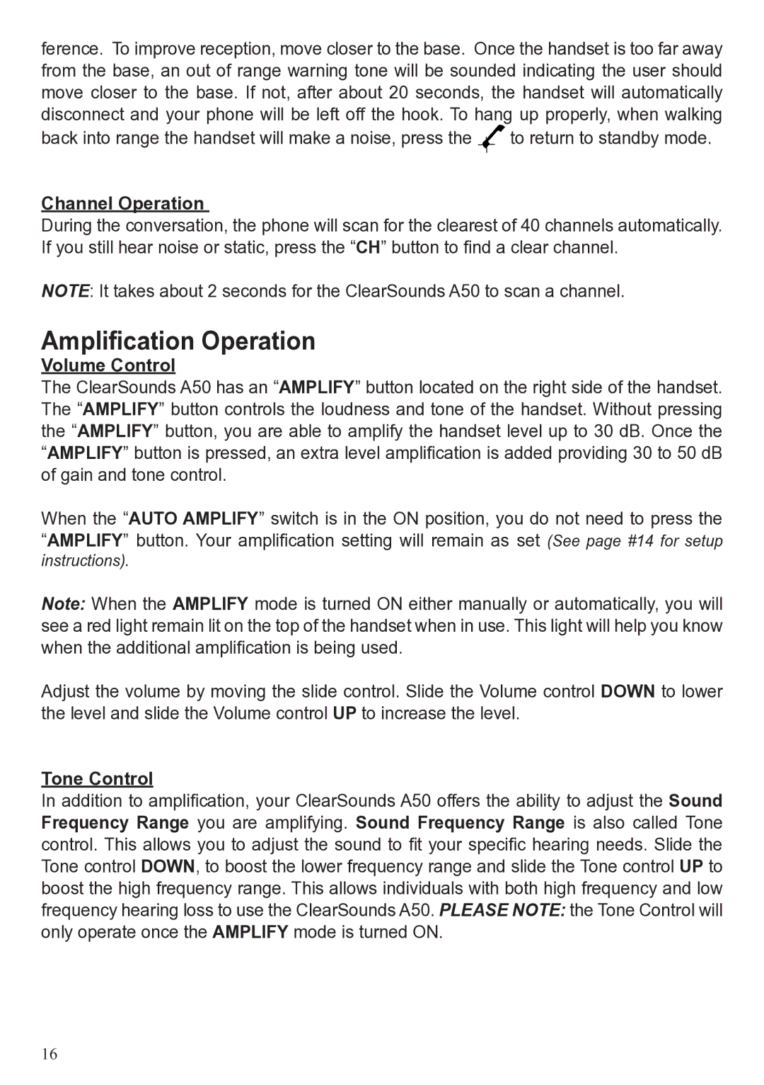 ClearSounds A50 user manual Amplification Operation, Channel Operation, Volume Control, Tone Control 