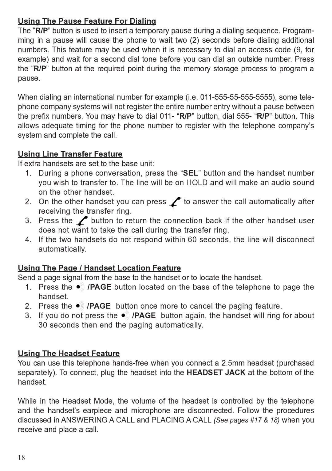 ClearSounds A50 user manual Using The Pause Feature For Dialing, Using Line Transfer Feature, Using The Headset Feature 