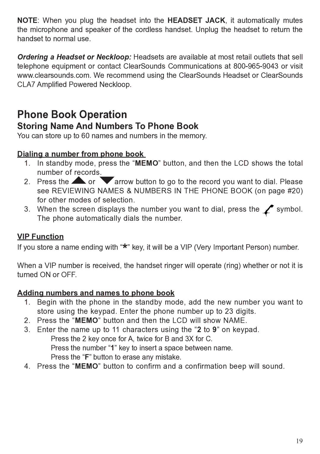 ClearSounds A50 user manual Phone Book Operation, Dialing a number from phone book, VIP Function 