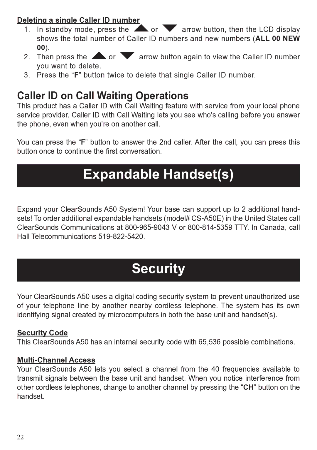 ClearSounds A50 user manual Expandable Handsets, Security, Caller ID on Call Waiting Operations 