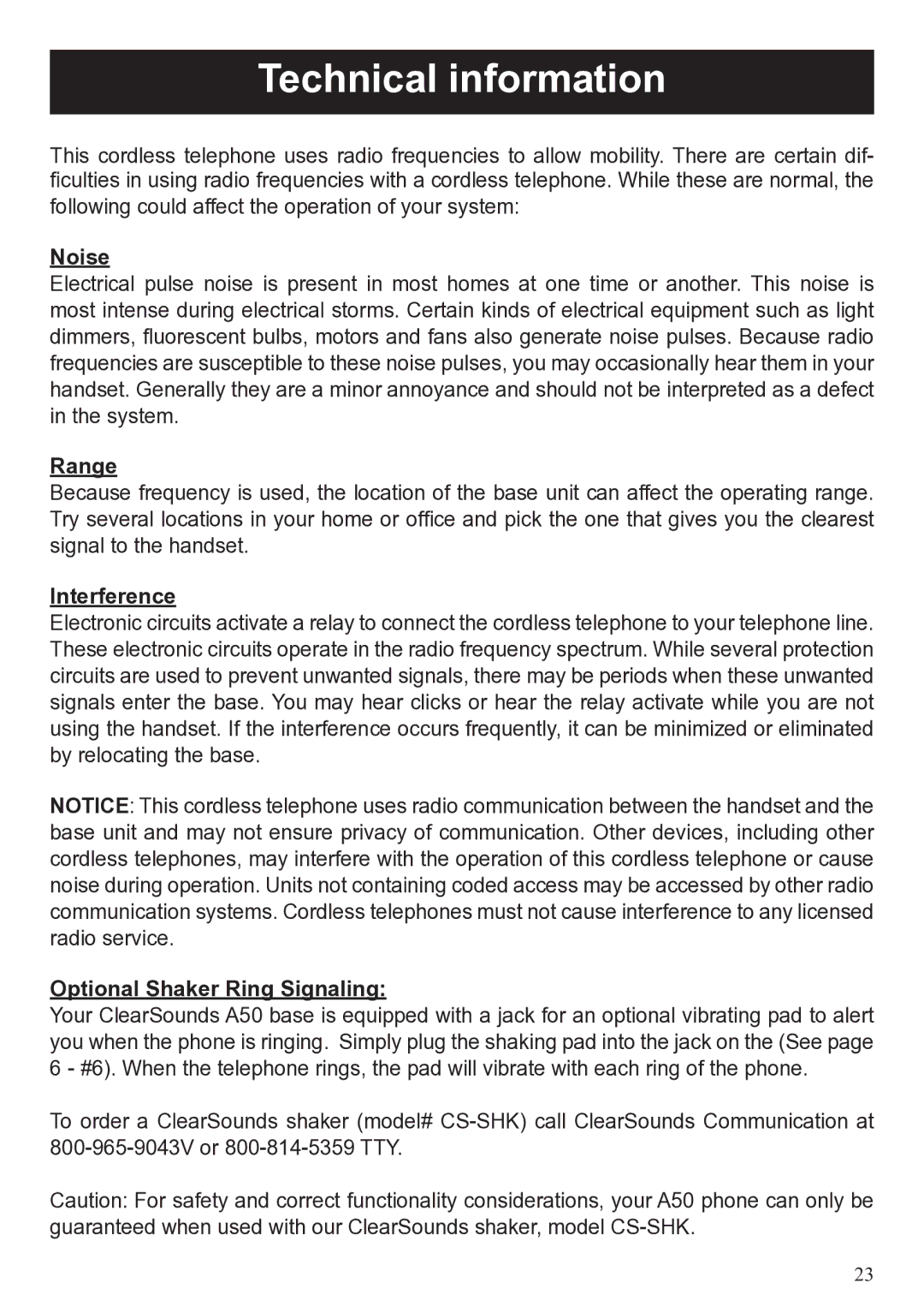 ClearSounds A50 user manual Technical information, Noise, Range, Interference, Optional Shaker Ring Signaling 