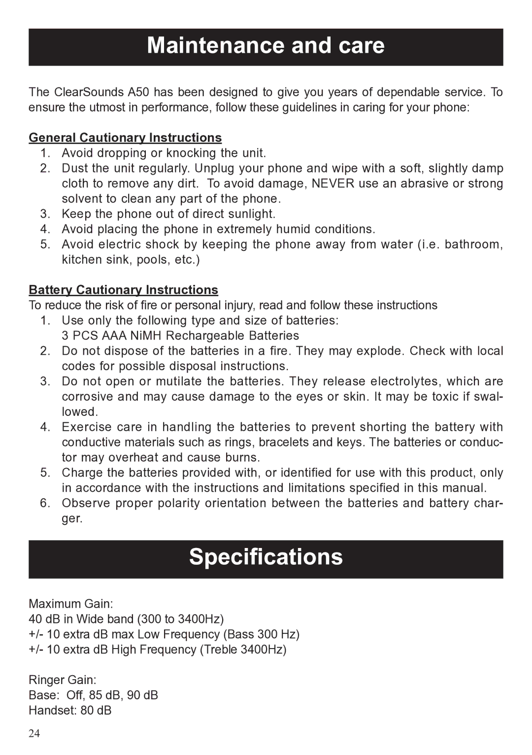 ClearSounds A50 Maintenance and care, Specifications, General Cautionary Instructions, Battery Cautionary Instructions 