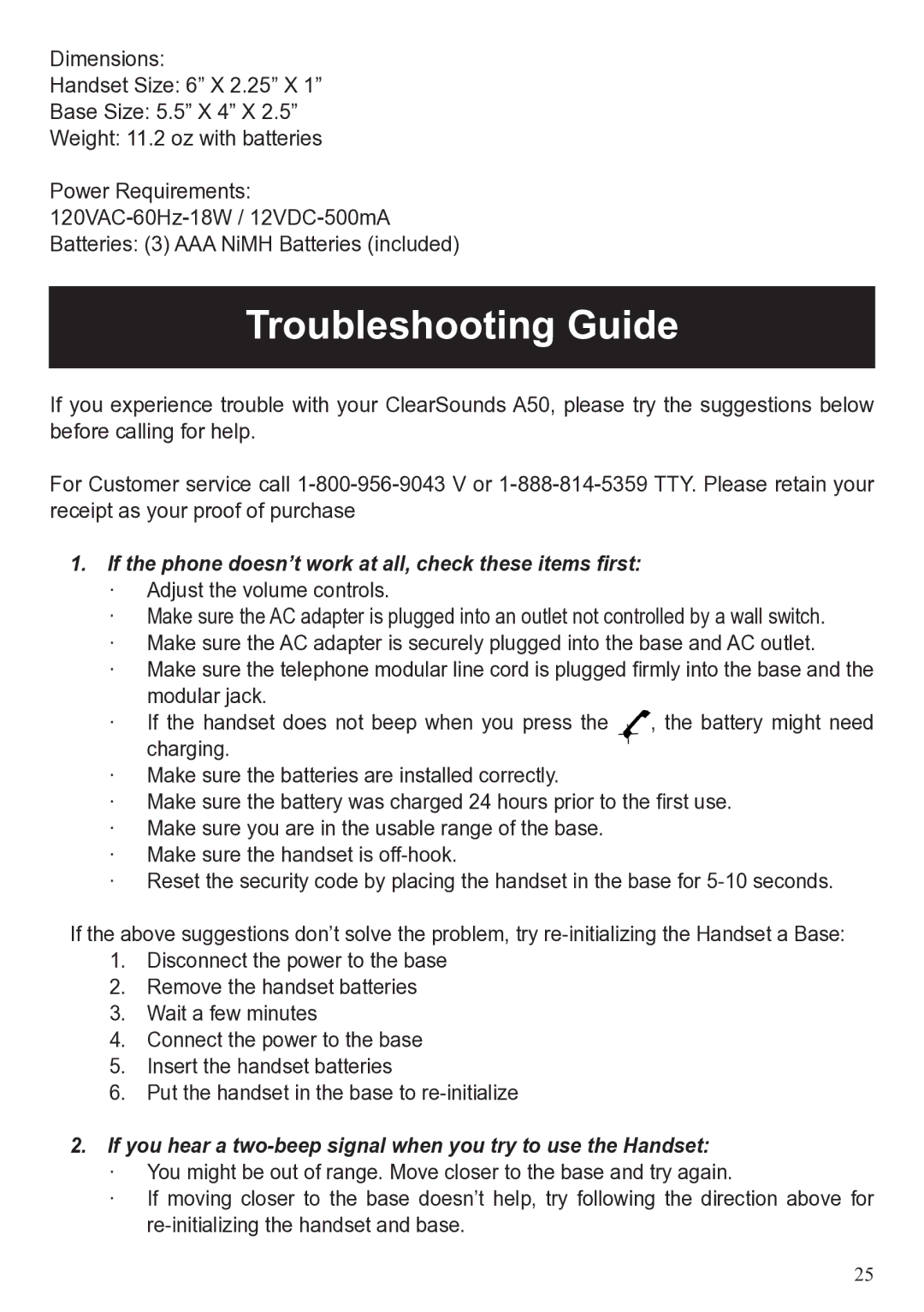 ClearSounds A50 user manual Troubleshooting Guide, If the phone doesn’t work at all, check these items first 