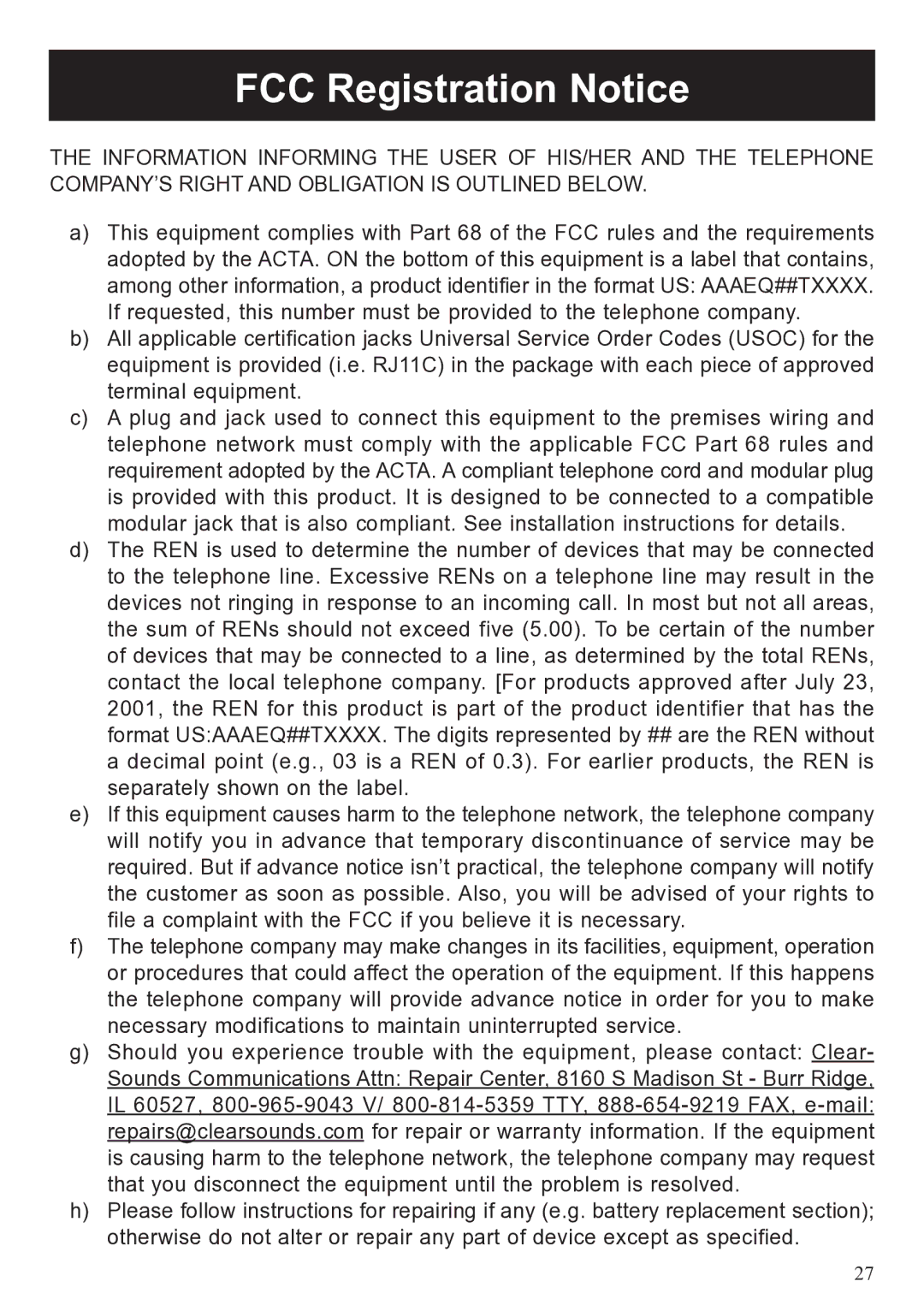 ClearSounds A50 user manual FCC Registration Notice 