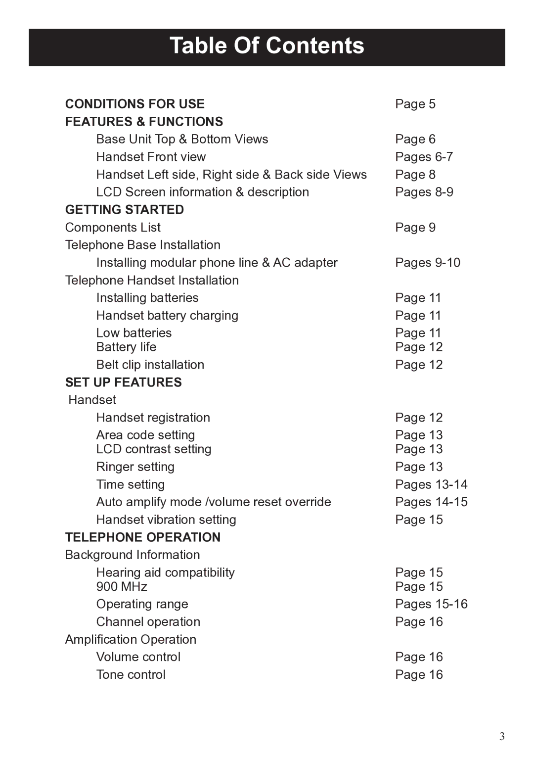 ClearSounds A50 user manual Table Of Contents 