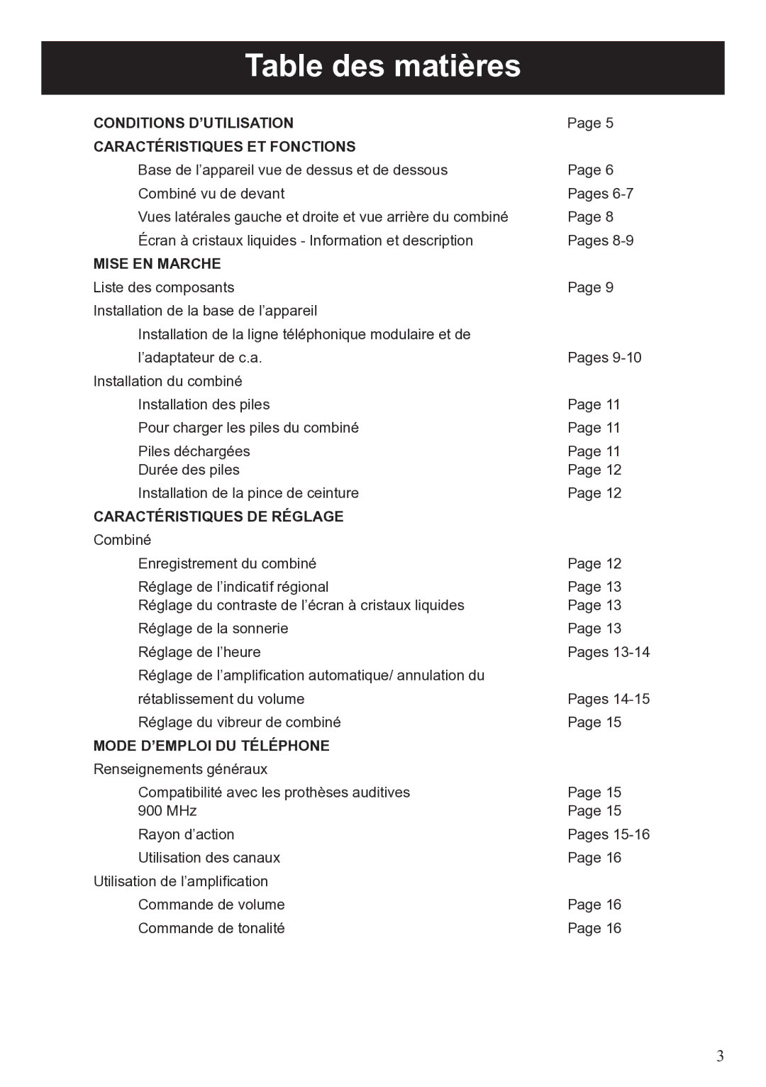 ClearSounds A50 user manual Table des matières, Conditions D’UTILISATION Caractéristiques ET Fonctions 