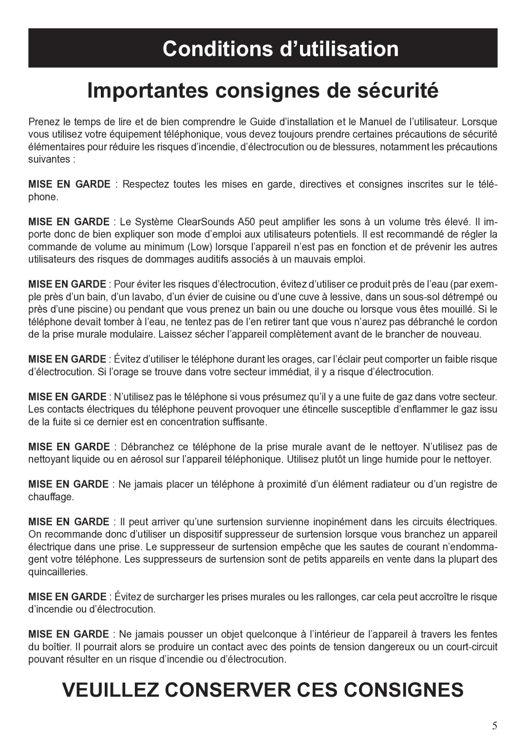 ClearSounds A50 user manual Conditions d’utilisation, Importantes consignes de sécurité 