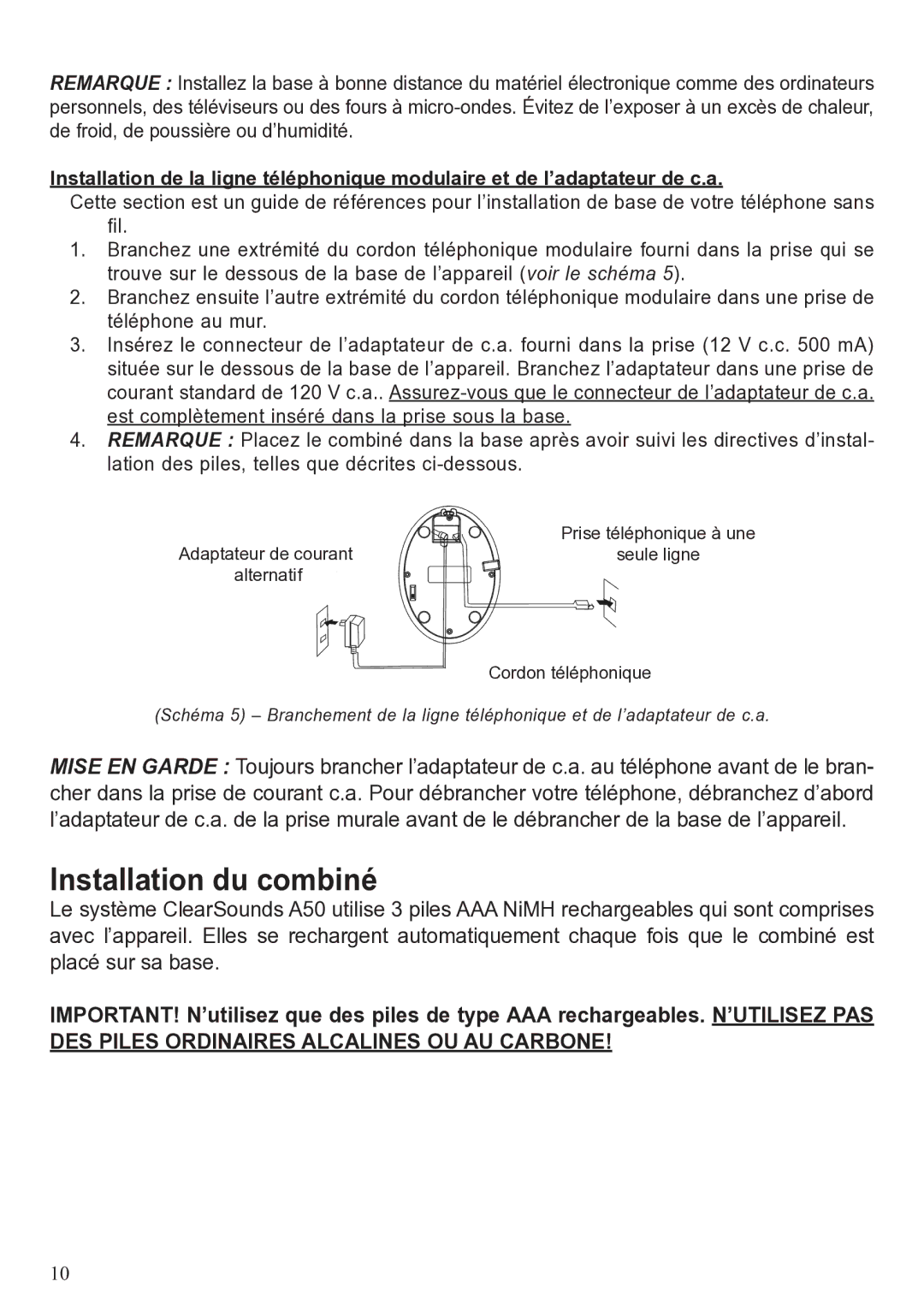 ClearSounds A50 user manual Installation du combiné 