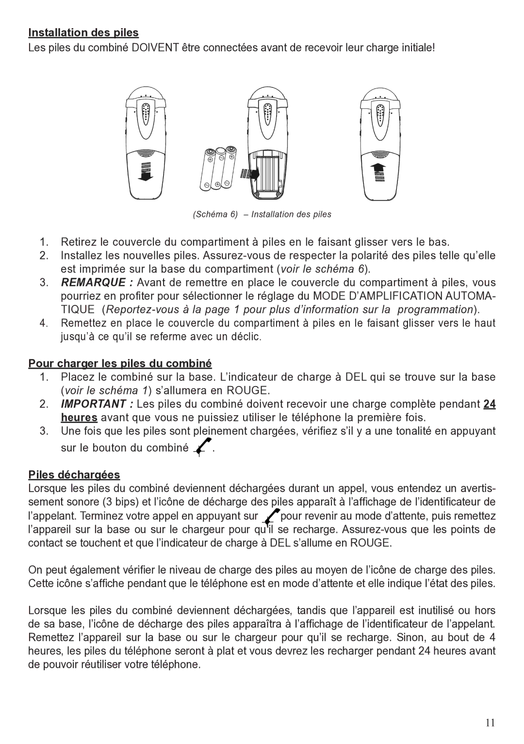 ClearSounds A50 user manual Installation des piles, Pour charger les piles du combiné, Piles déchargées 