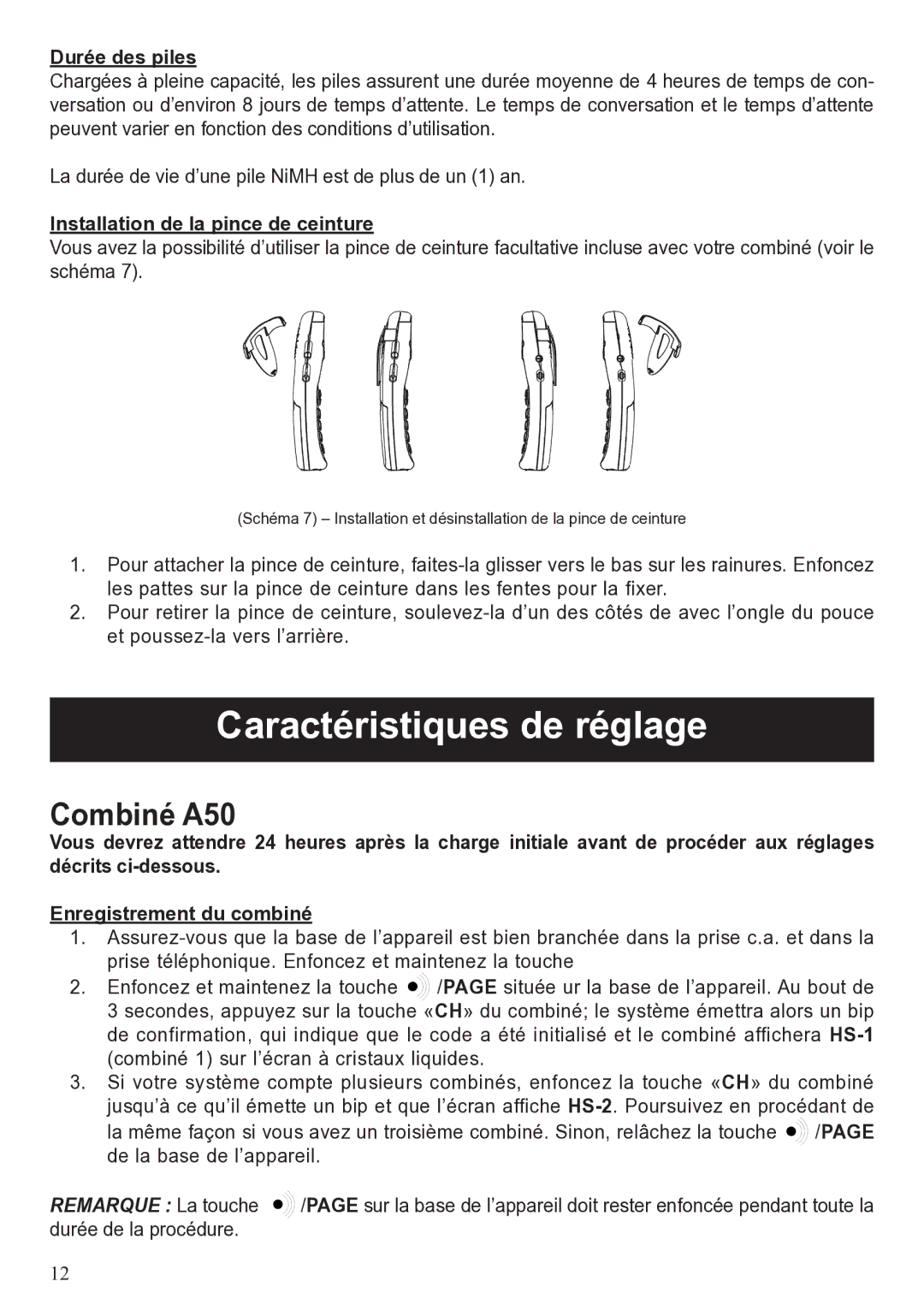 ClearSounds user manual Caractéristiques de réglage, Combiné A50, Durée des piles, Installation de la pince de ceinture 