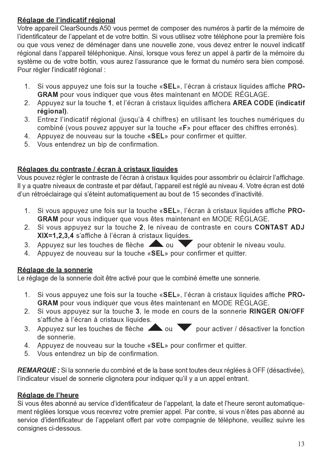 ClearSounds A50 Réglage de l’indicatif régional, Réglages du contraste / écran à cristaux liquides, Réglage de la sonnerie 