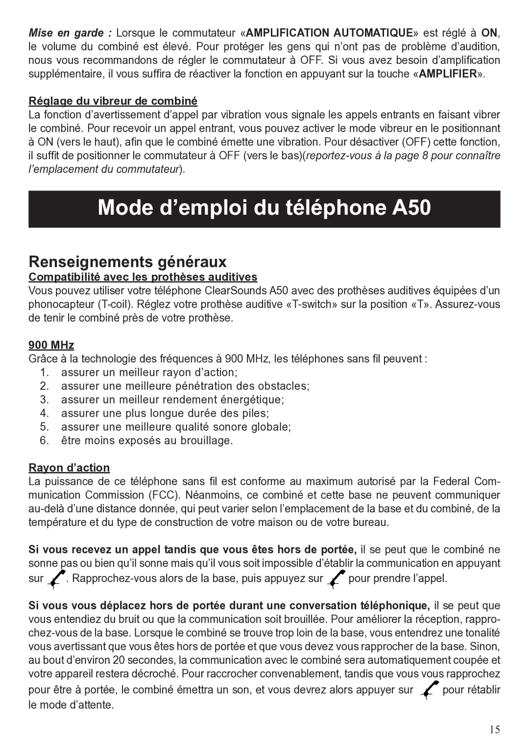 ClearSounds user manual Mode d’emploi du téléphone A50, Renseignements généraux 