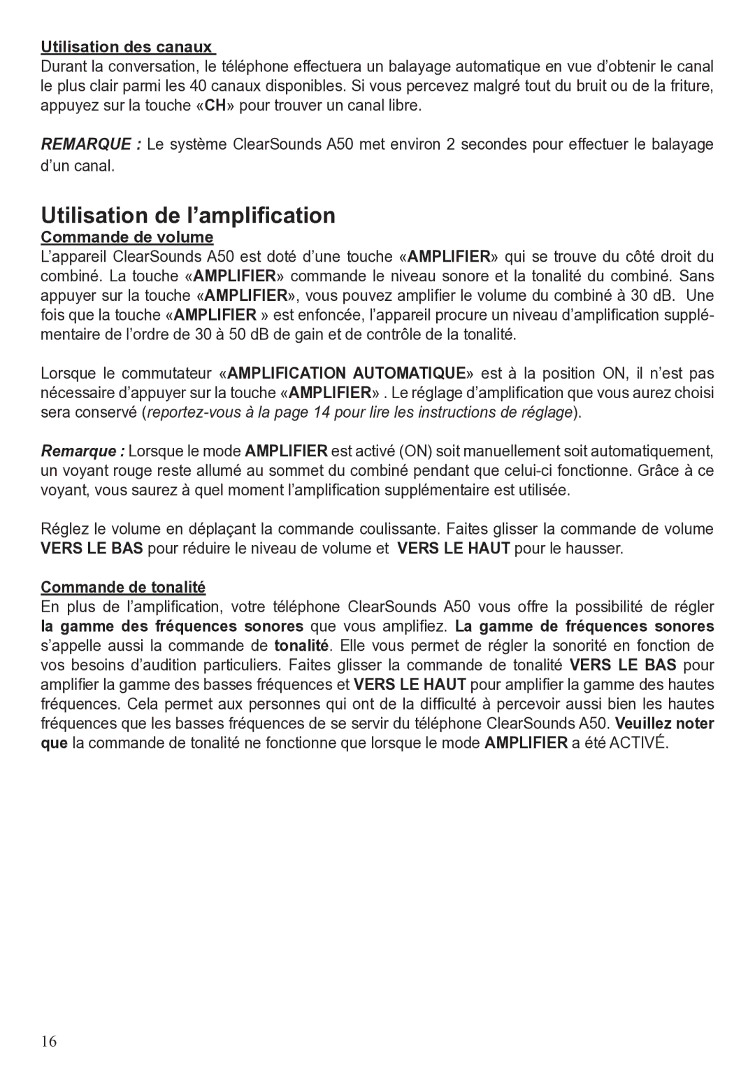 ClearSounds A50 Utilisation de l’amplification, Utilisation des canaux, Commande de volume, Commande de tonalité 