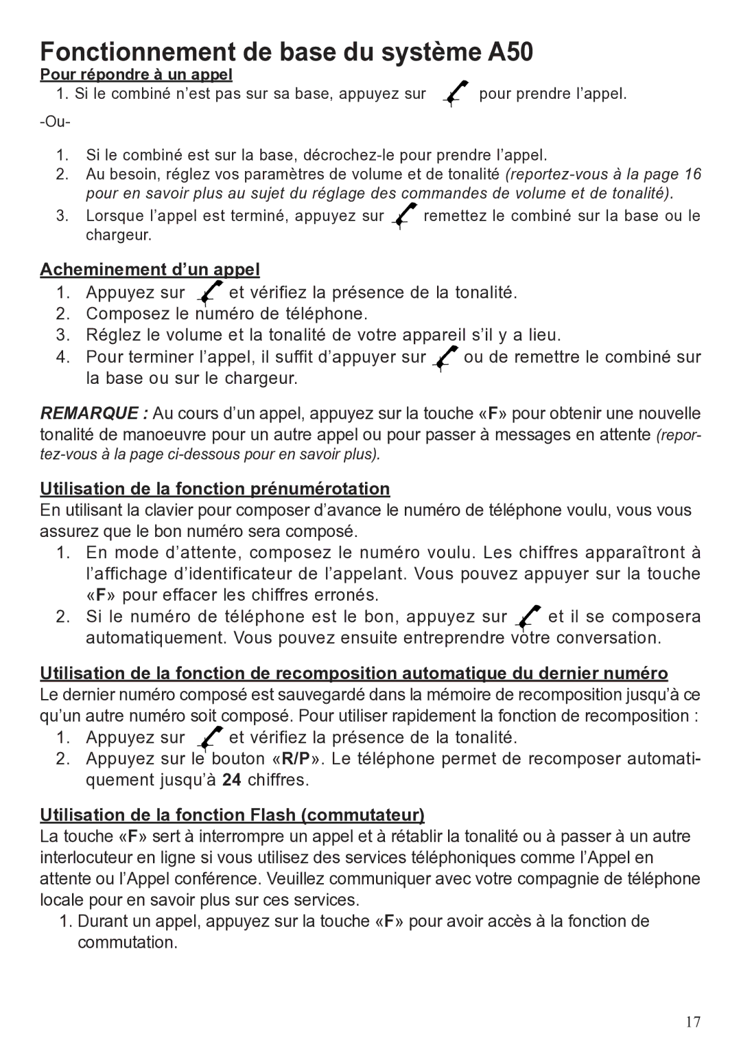 ClearSounds A50 user manual Acheminement d’un appel, Utilisation de la fonction prénumérotation, Pour répondre à un appel 