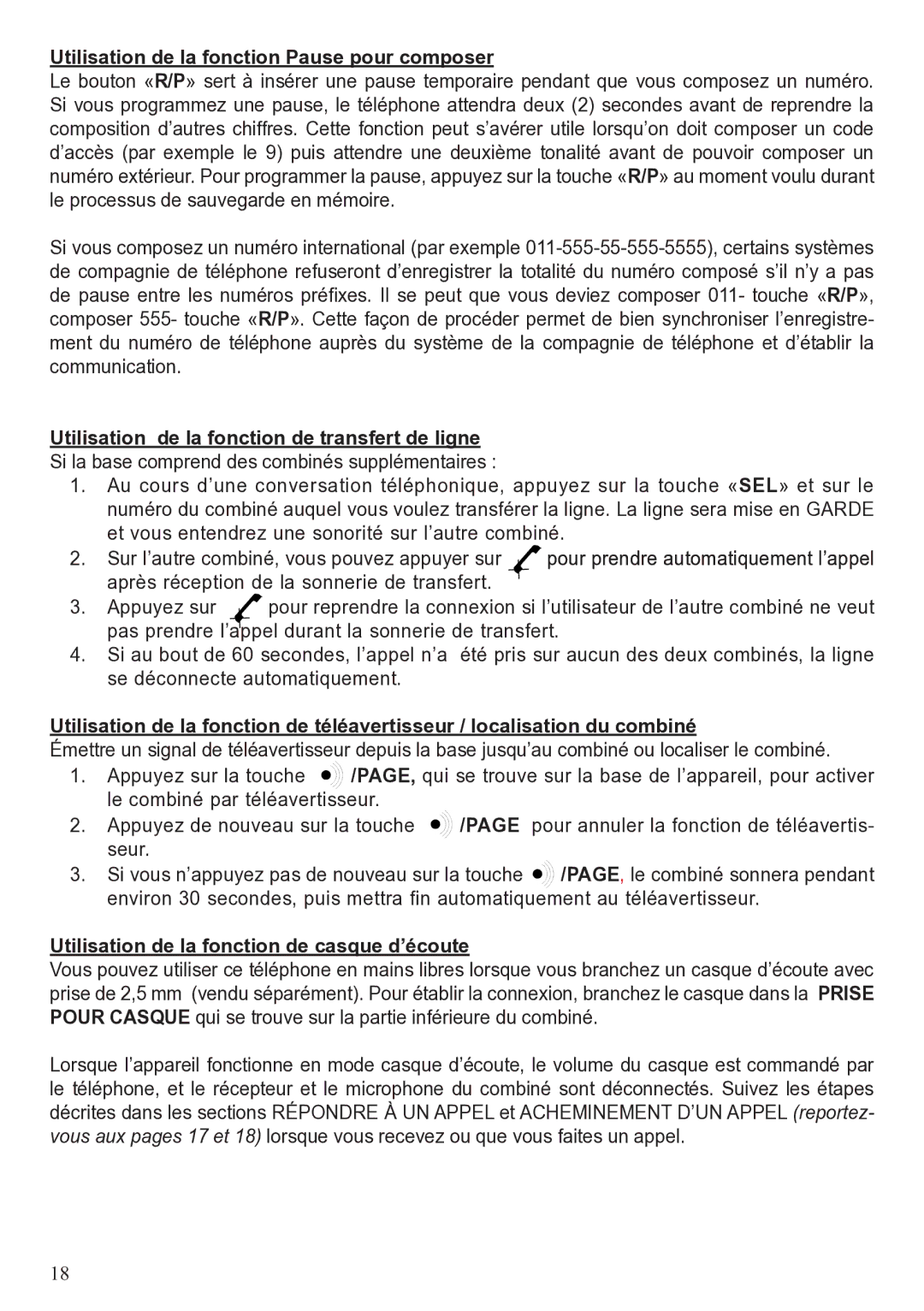 ClearSounds A50 Utilisation de la fonction Pause pour composer, Utilisation de la fonction de transfert de ligne 