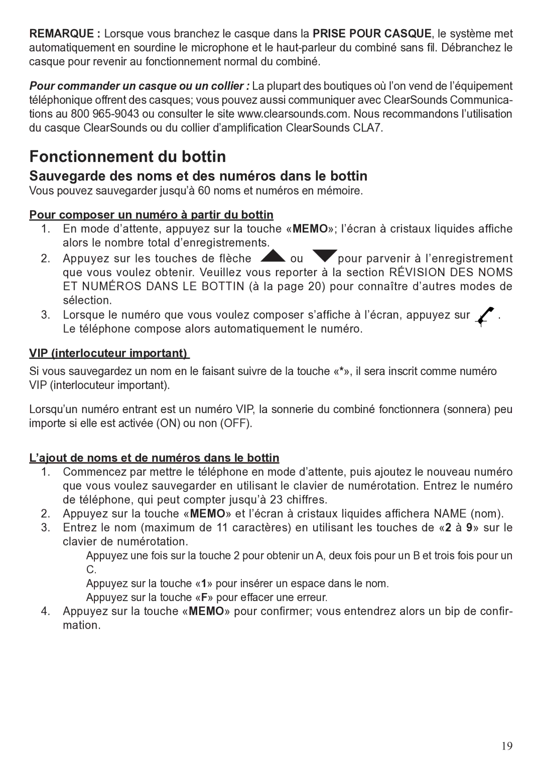 ClearSounds A50 Fonctionnement du bottin, Pour composer un numéro à partir du bottin, VIP interlocuteur important 