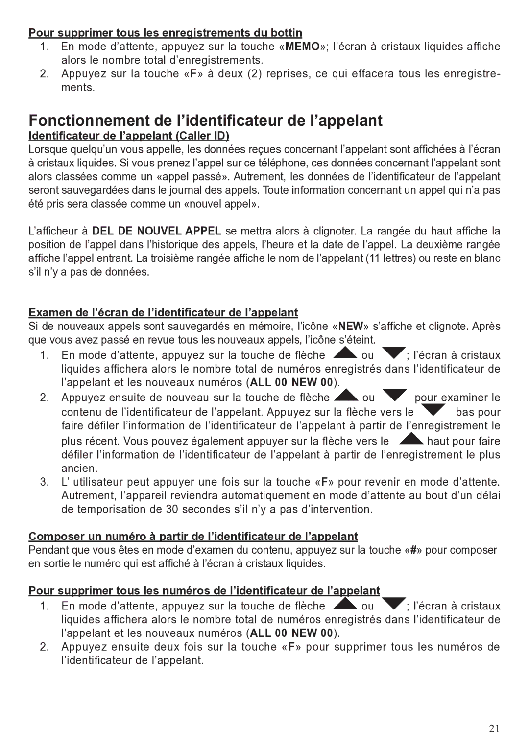 ClearSounds A50 Fonctionnement de l’identificateur de l’appelant, Pour supprimer tous les enregistrements du bottin 