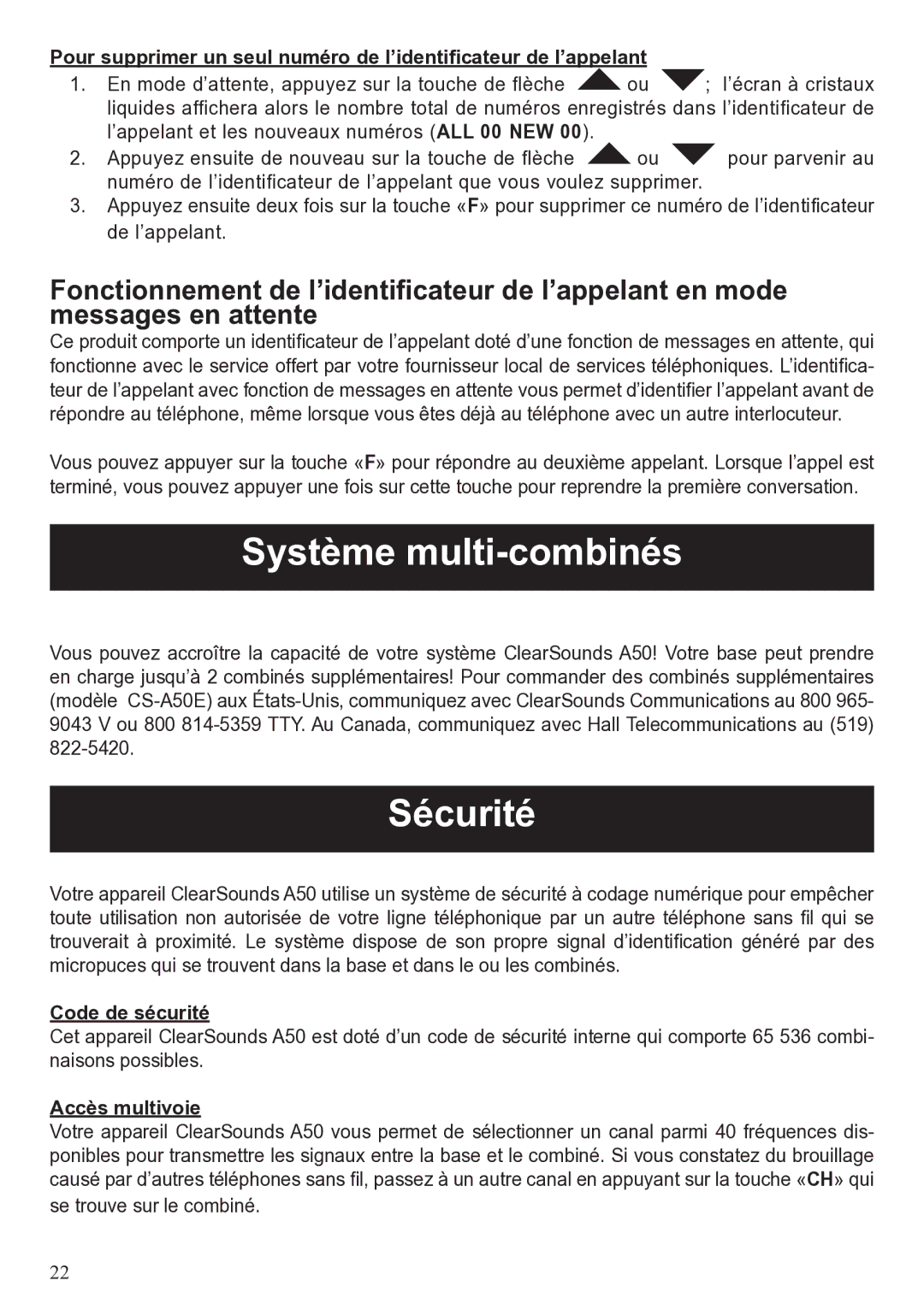 ClearSounds A50 user manual Système multi-combinés, Sécurité, Code de sécurité, Accès multivoie 