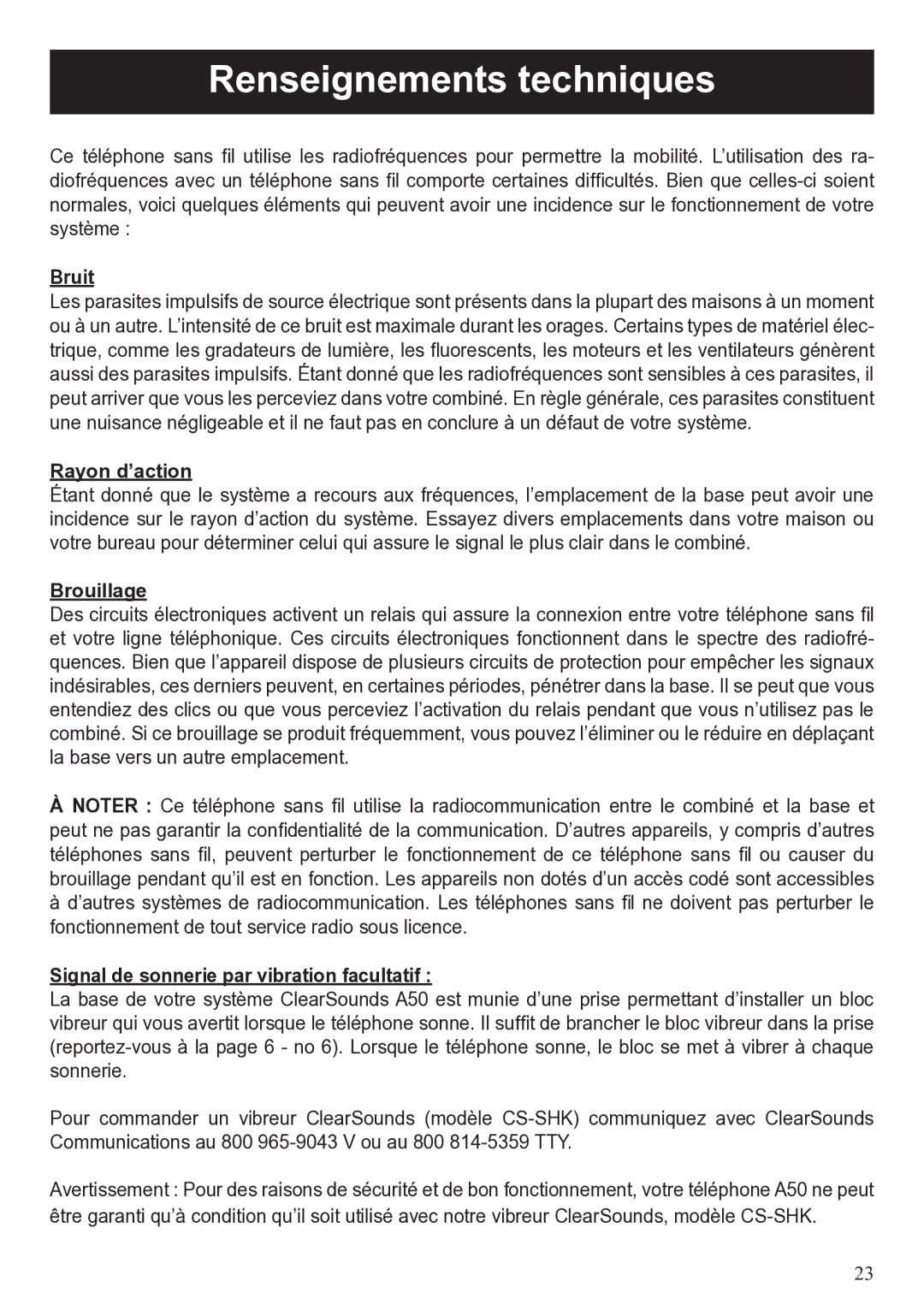 ClearSounds A50 user manual Renseignements techniques, Bruit, Brouillage, Signal de sonnerie par vibration facultatif 