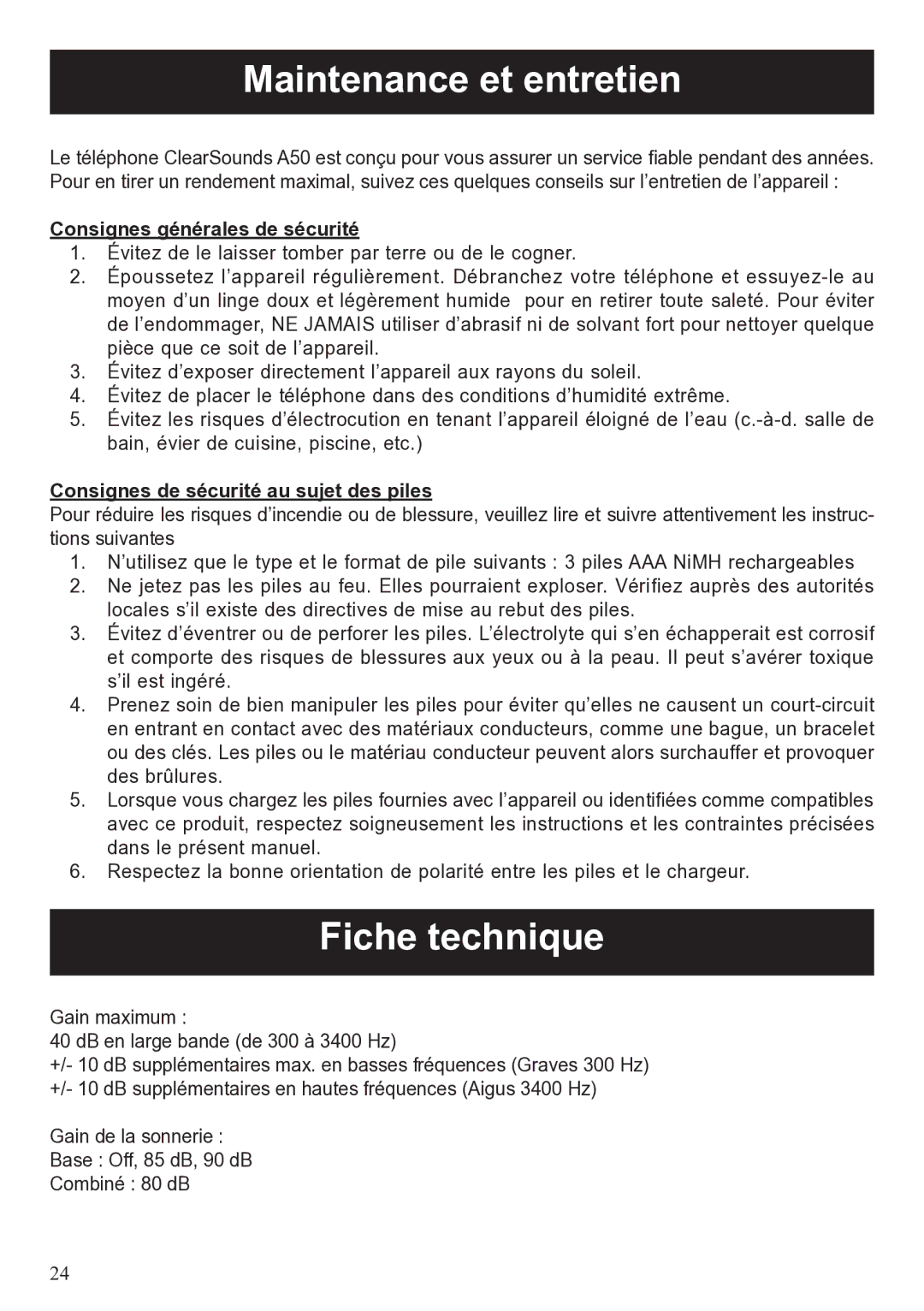 ClearSounds A50 user manual Maintenance et entretien, Fiche technique, Consignes générales de sécurité 