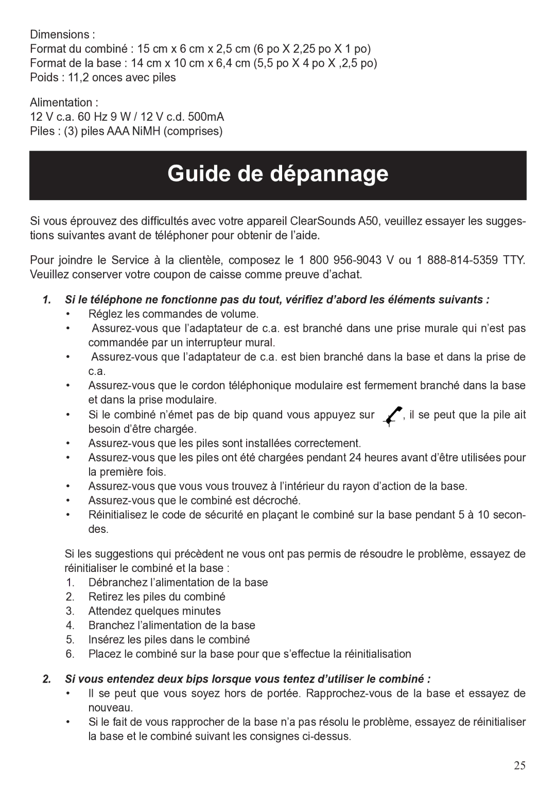 ClearSounds A50 user manual Guide de dépannage 